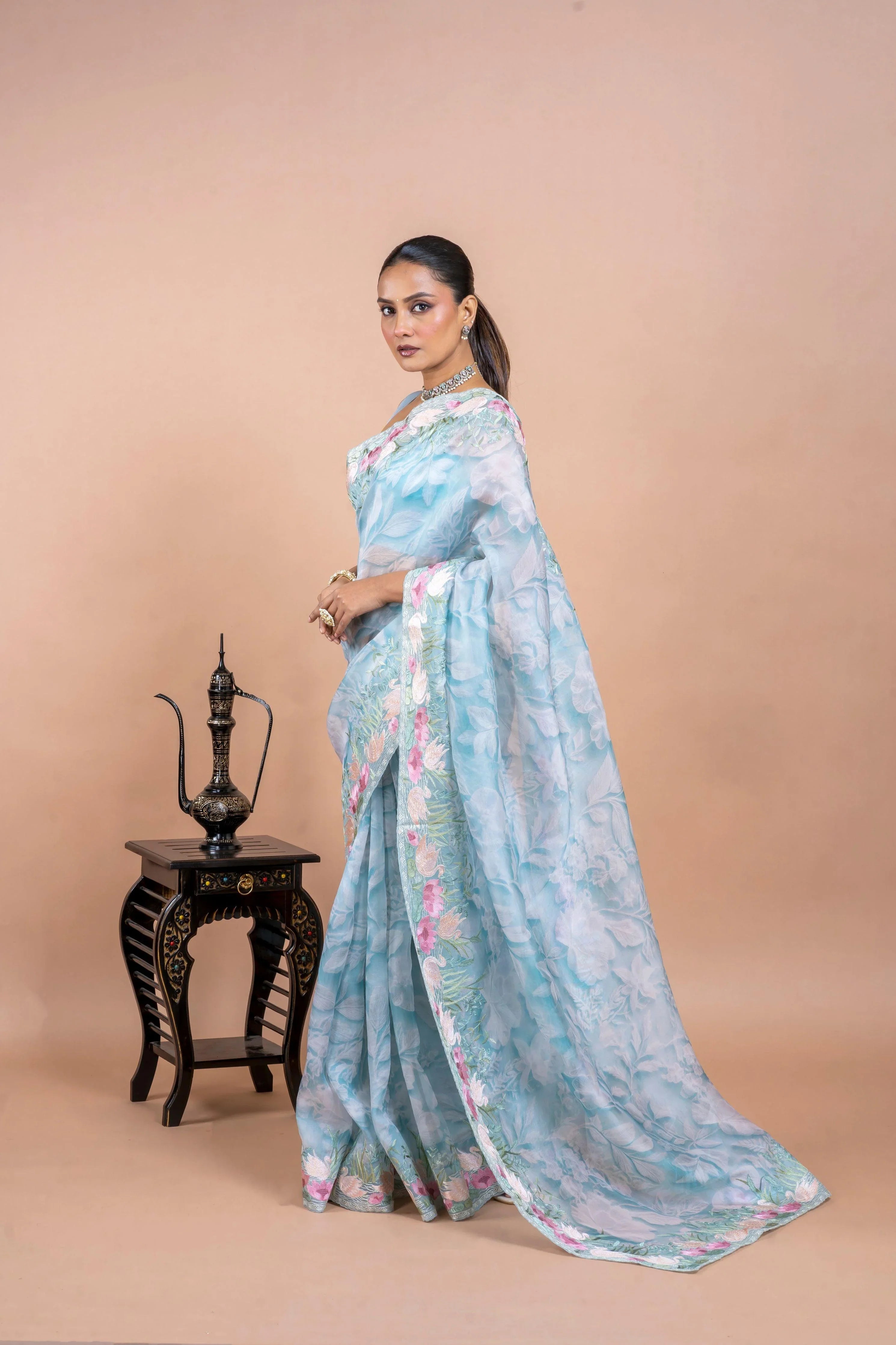 Sea Blue Organza Saree with Printed Body and Zari Border - Mokshaa