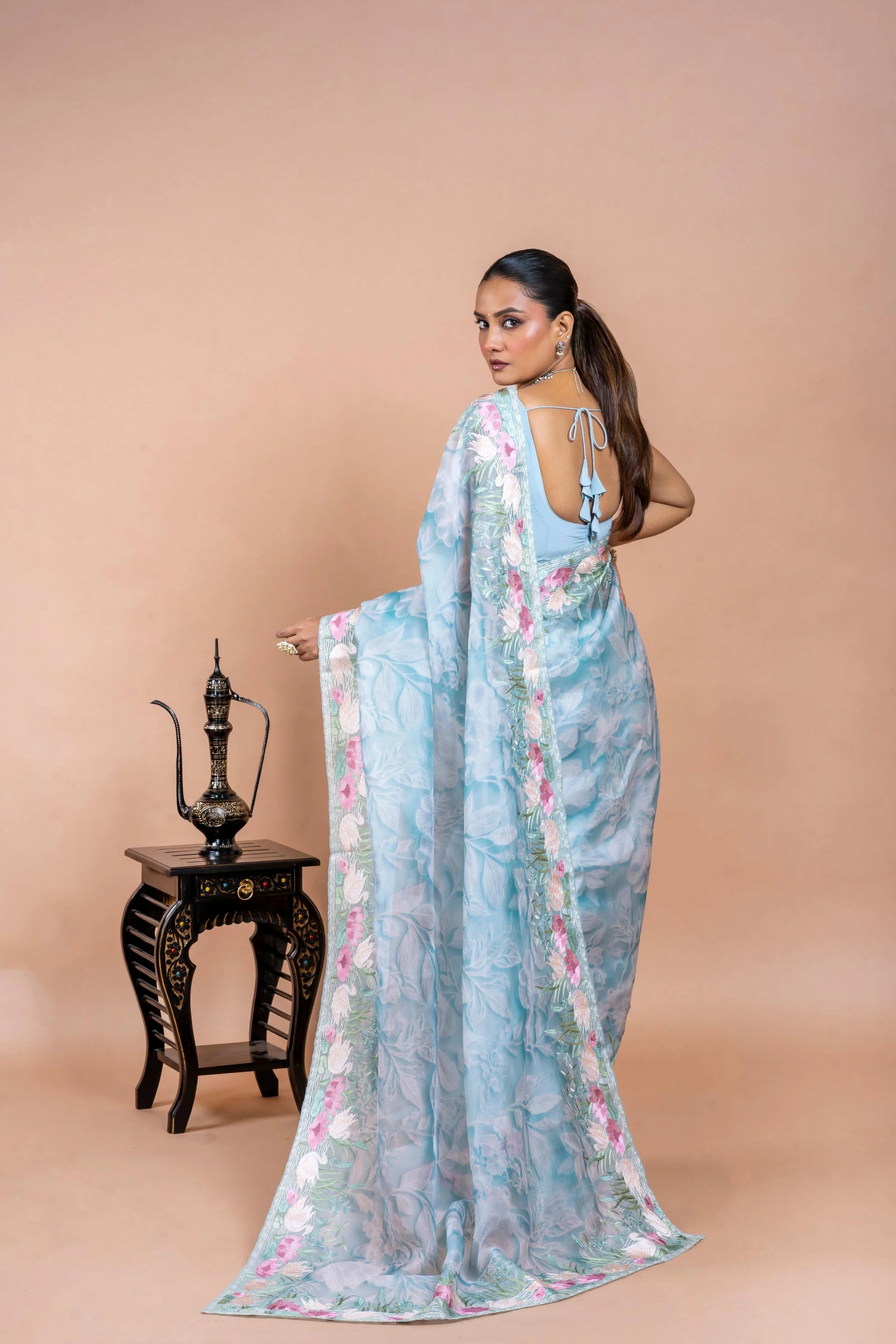 Sea Blue Organza Saree with Printed Body and Zari Border - Mokshaa