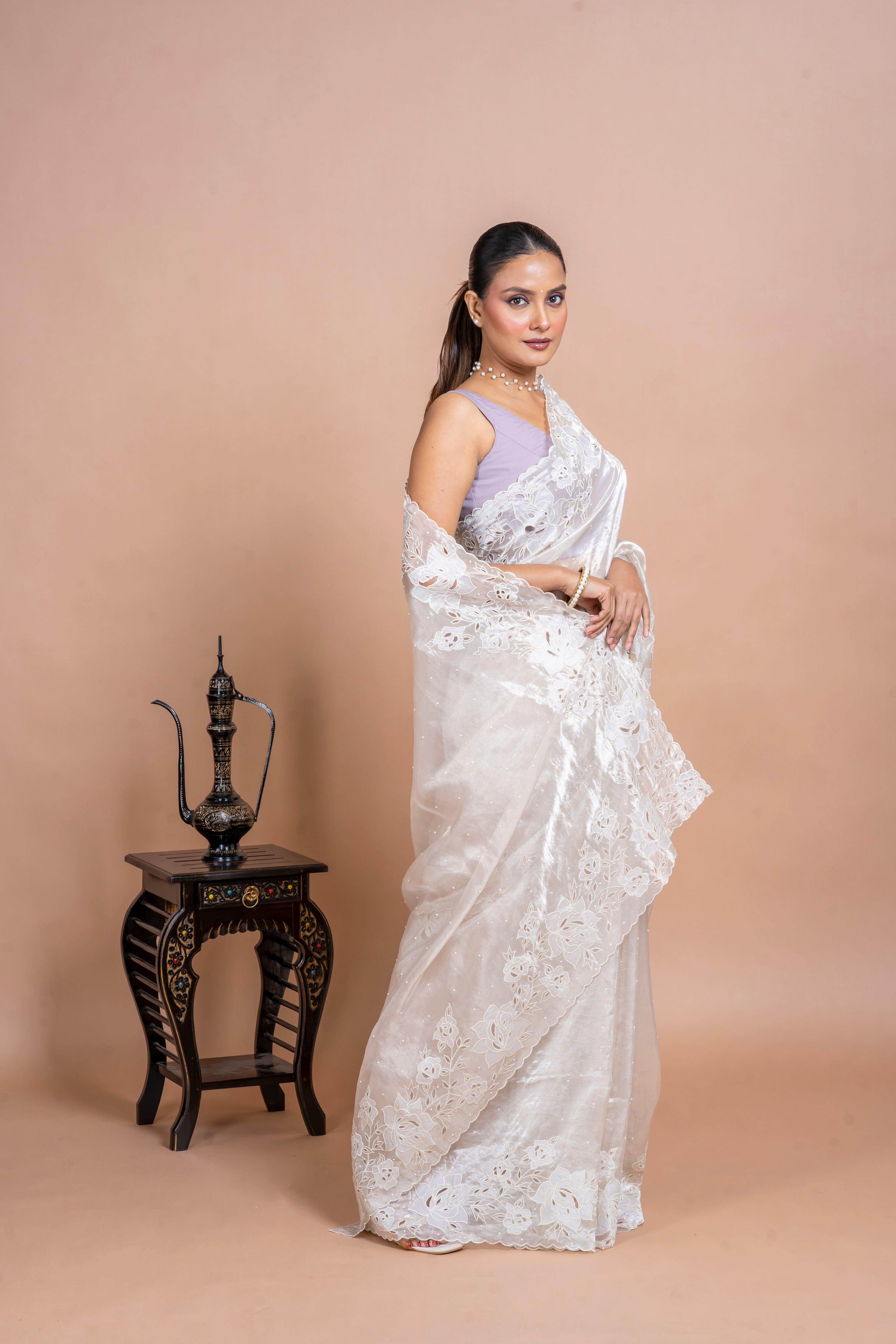 Silver Tissue Organza Saree with Floral Embroidery and Scallop Edge - Mokshaa