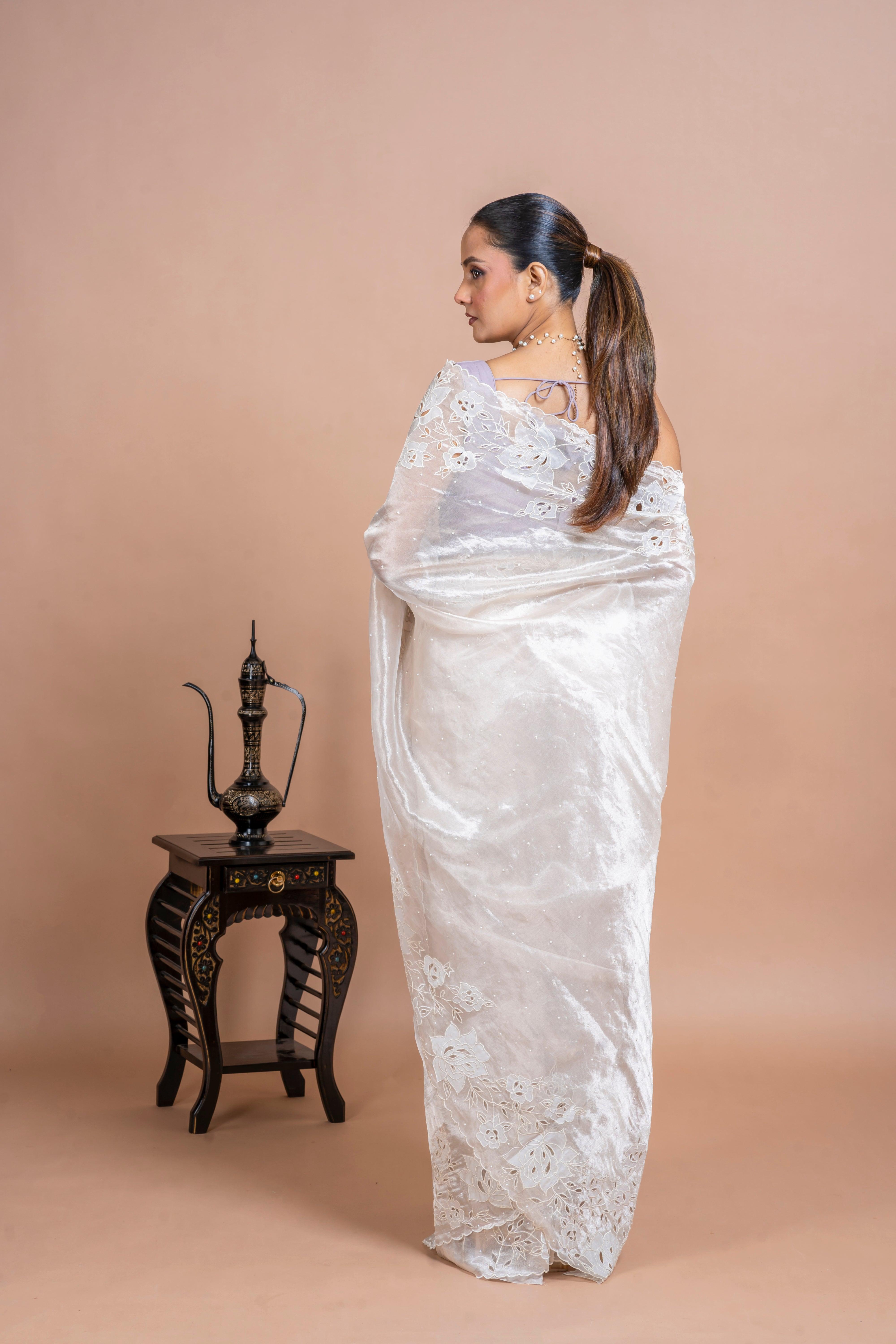Silver Tissue Organza Saree with Floral Embroidery and Scallop Edge - Mokshaa