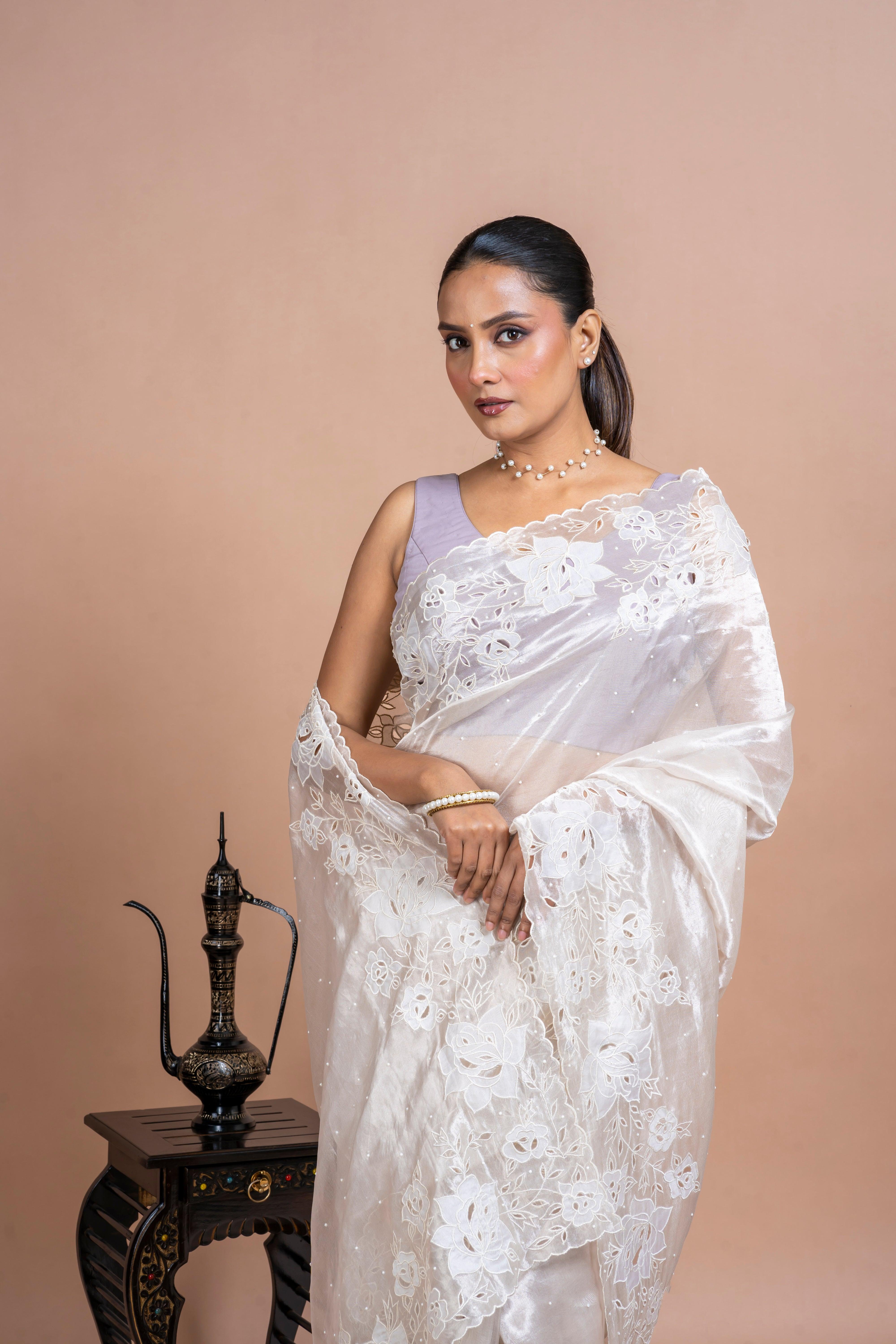 Silver Tissue Organza Saree with Floral Embroidery and Scallop Edge - Mokshaa