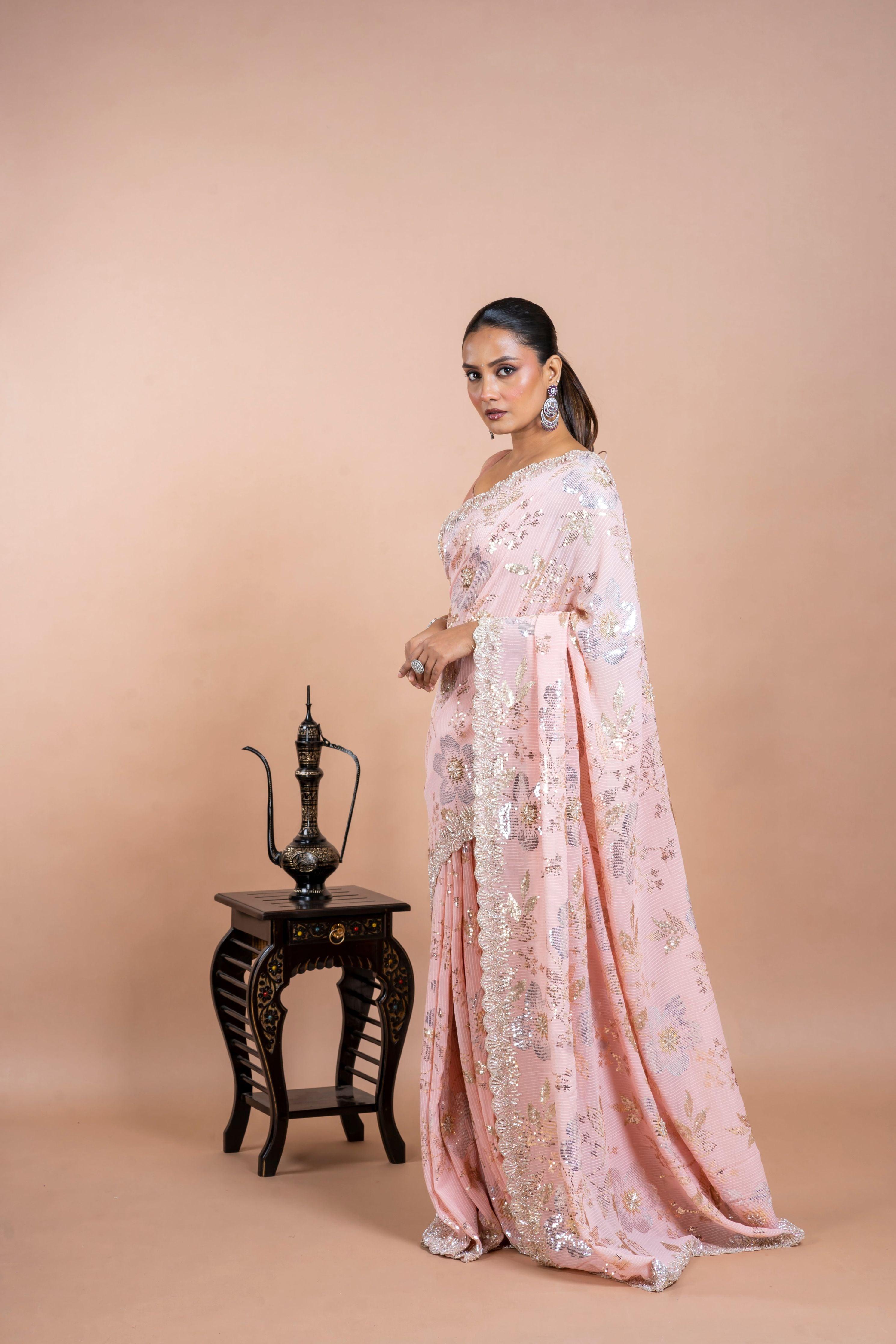Light Pink Georgette Saree with Floral Sequins and Pearl Work - Mokshaa