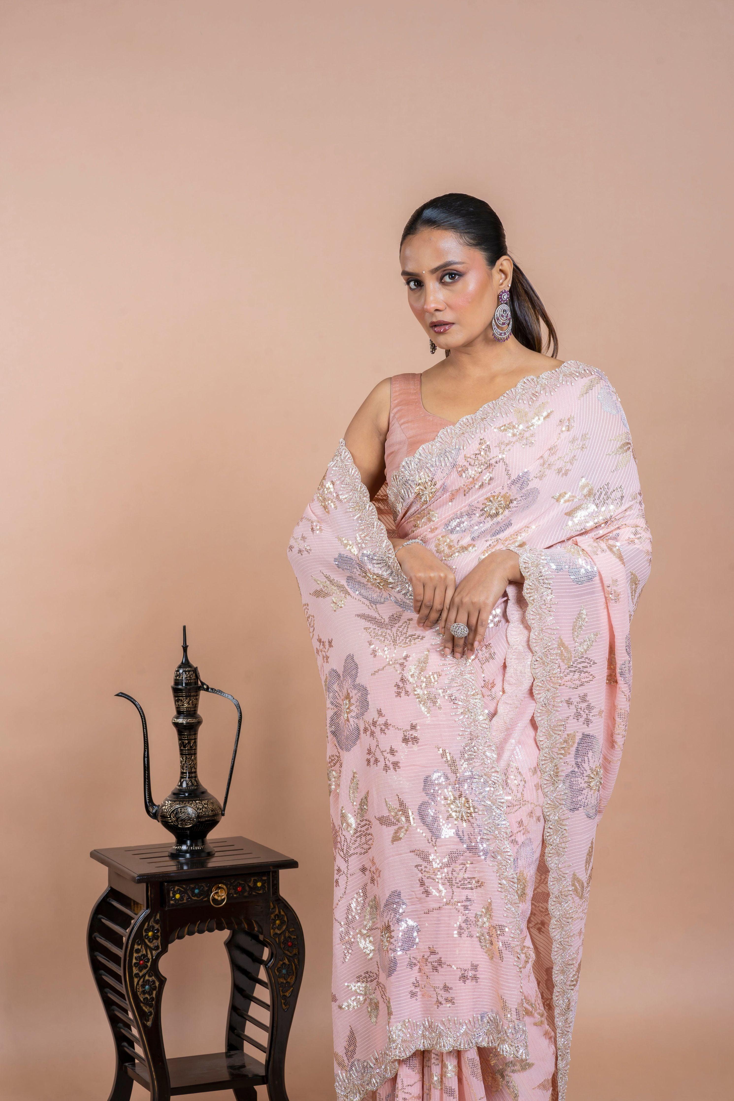 Light Pink Georgette Saree with Floral Sequins and Pearl Work - Mokshaa