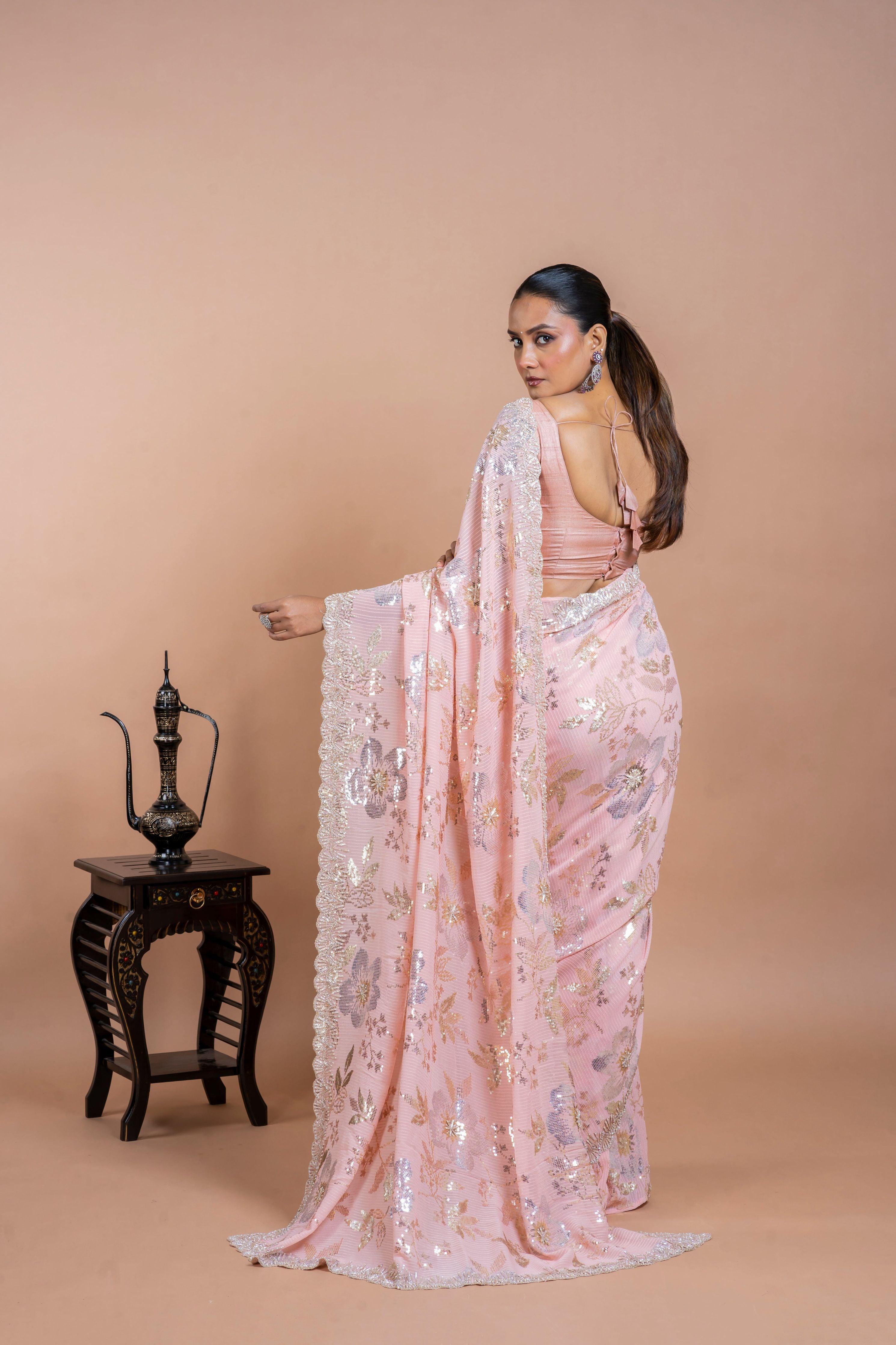 Light Pink Georgette Saree with Floral Sequins and Pearl Work - Mokshaa