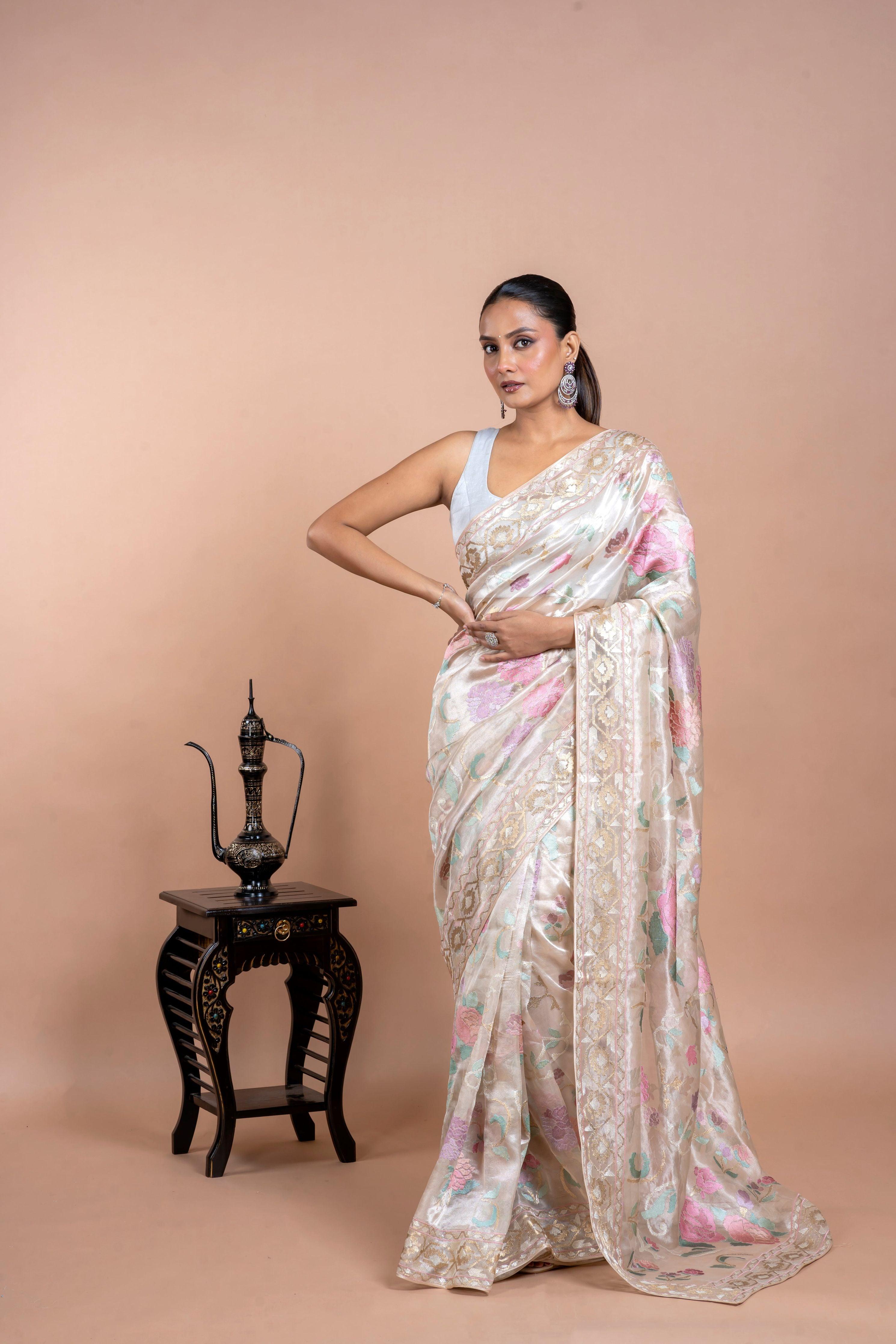Taupe Gold Tissue Organza Saree with Zari and Multi-Thread Work - Mokshaa