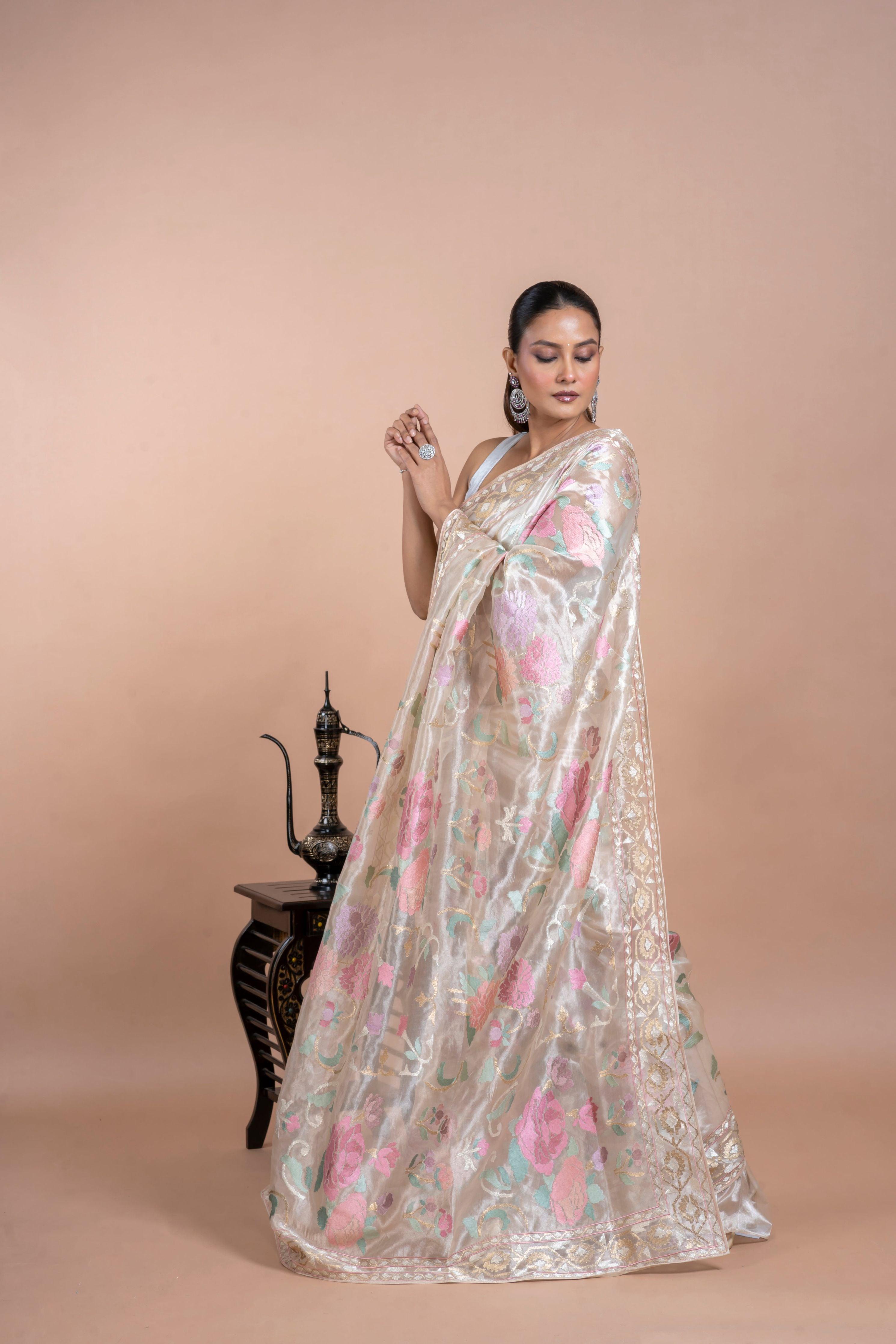 Taupe Gold Tissue Organza Saree with Zari and Multi-Thread Work - Mokshaa