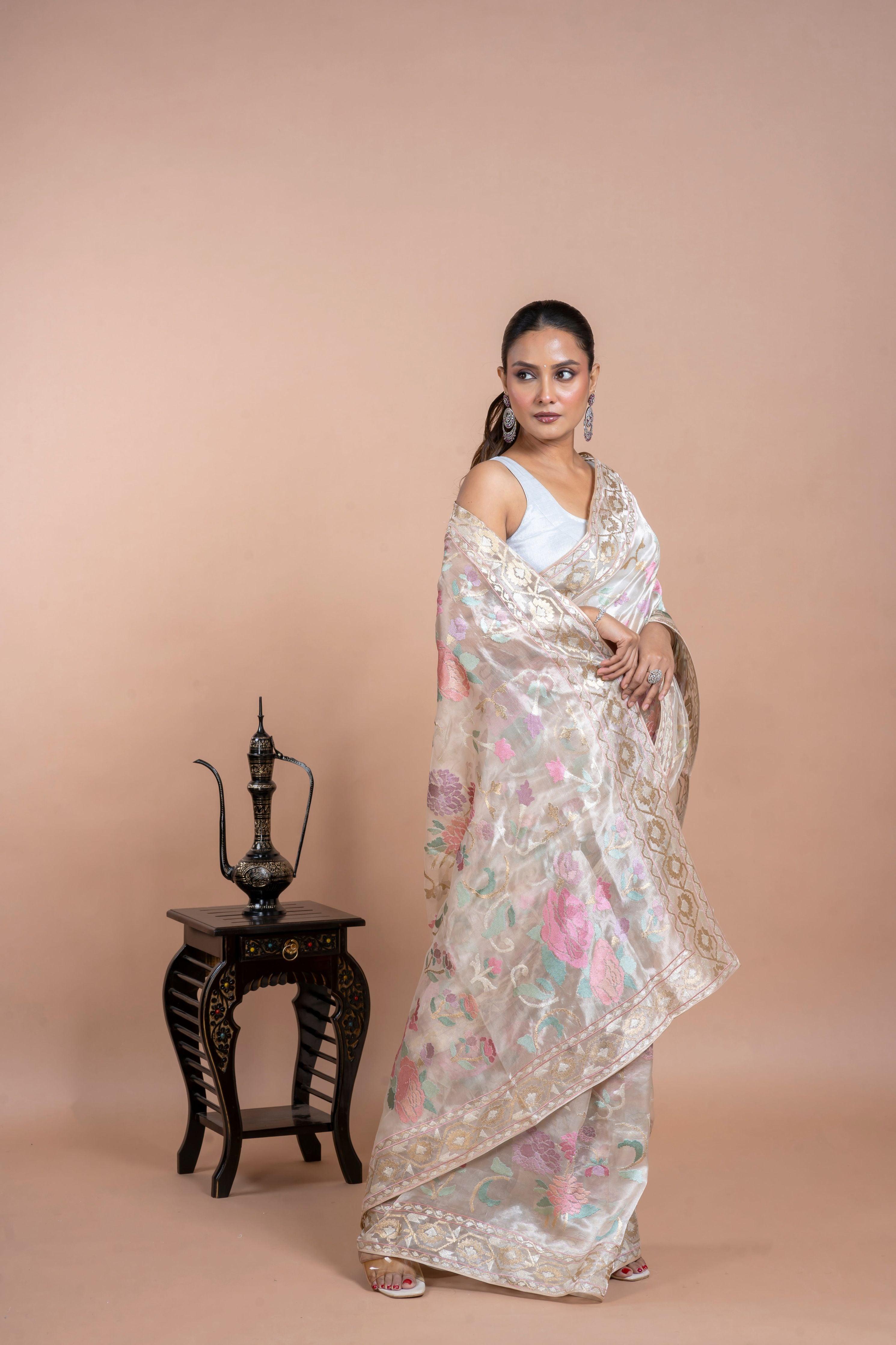 Taupe Gold Tissue Organza Saree with Zari and Multi-Thread Work - Mokshaa