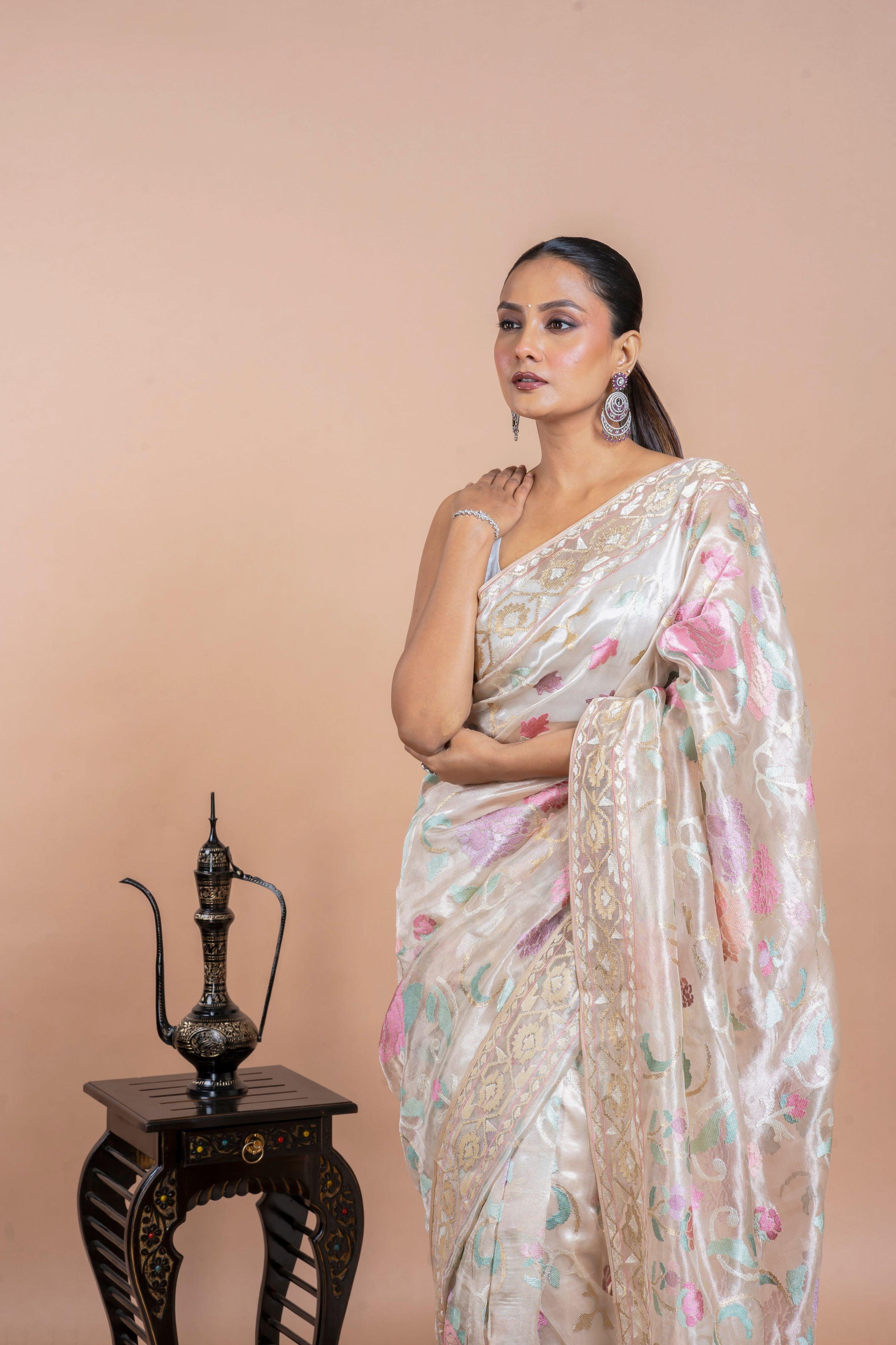 Taupe Gold Tissue Organza Saree with Zari and Multi-Thread Work - Mokshaa