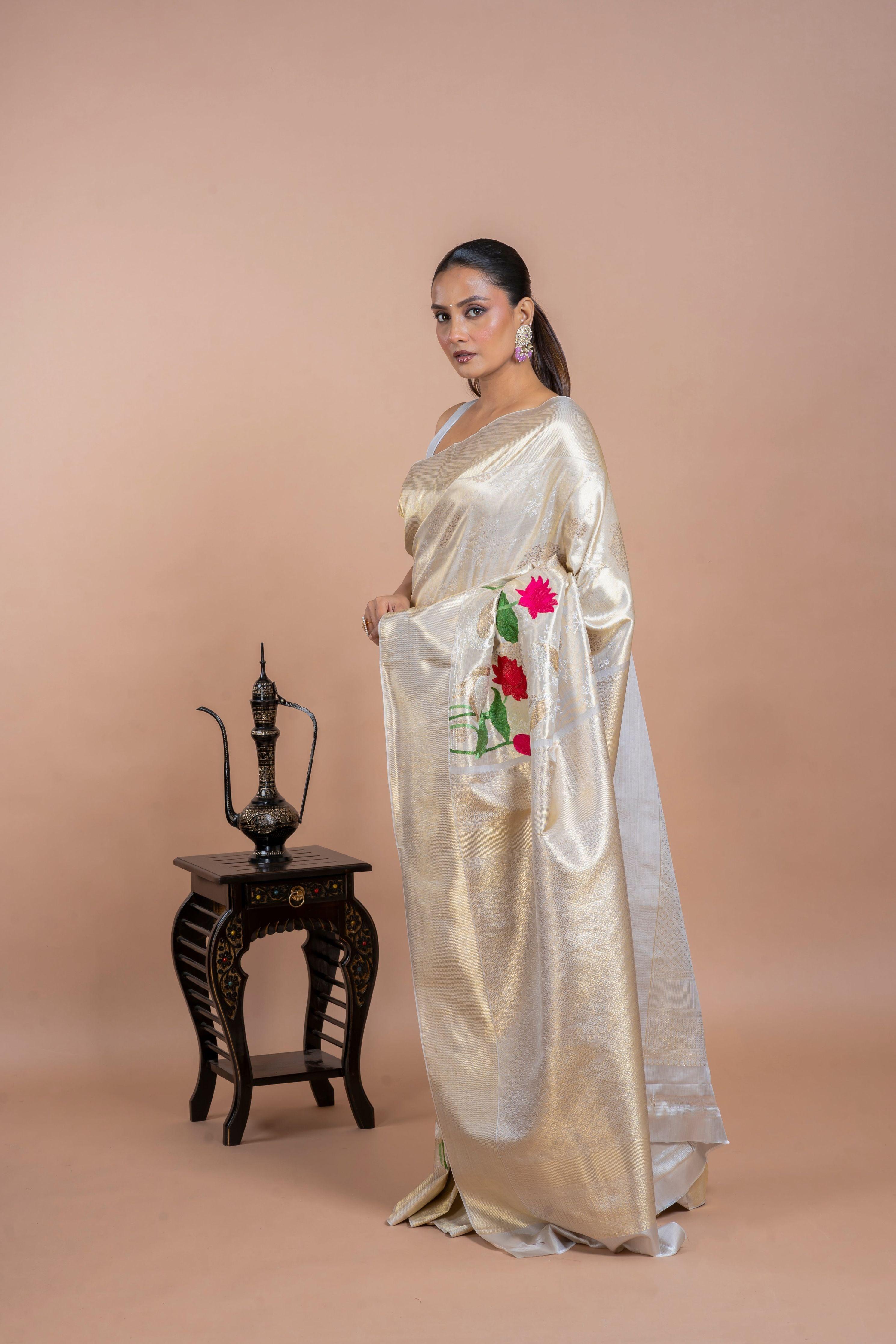 Off White Silk Saree with Zari Weaving and Thread Embroidery - Mokshaa