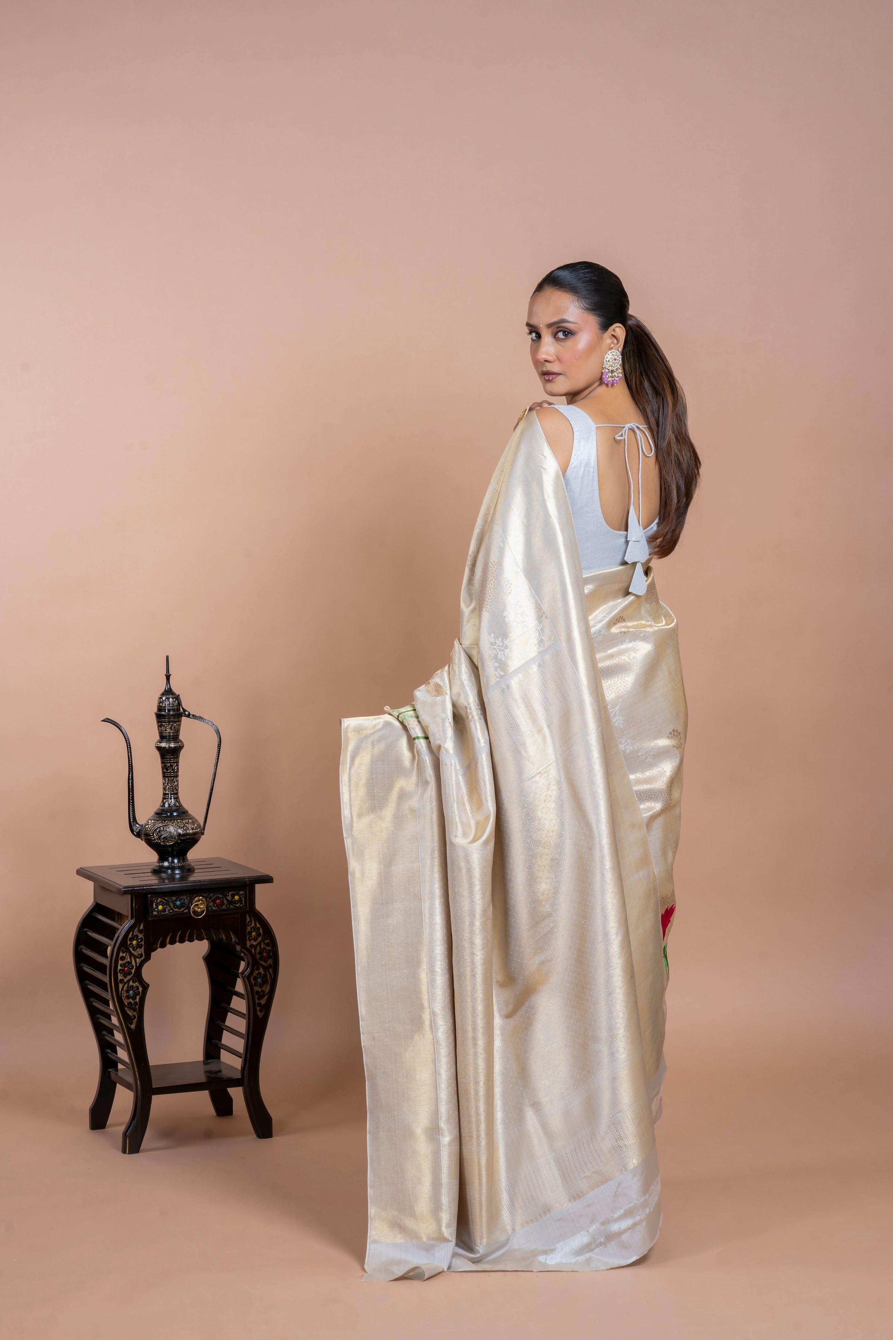 Off White Silk Saree with Zari Weaving and Thread Embroidery - Mokshaa