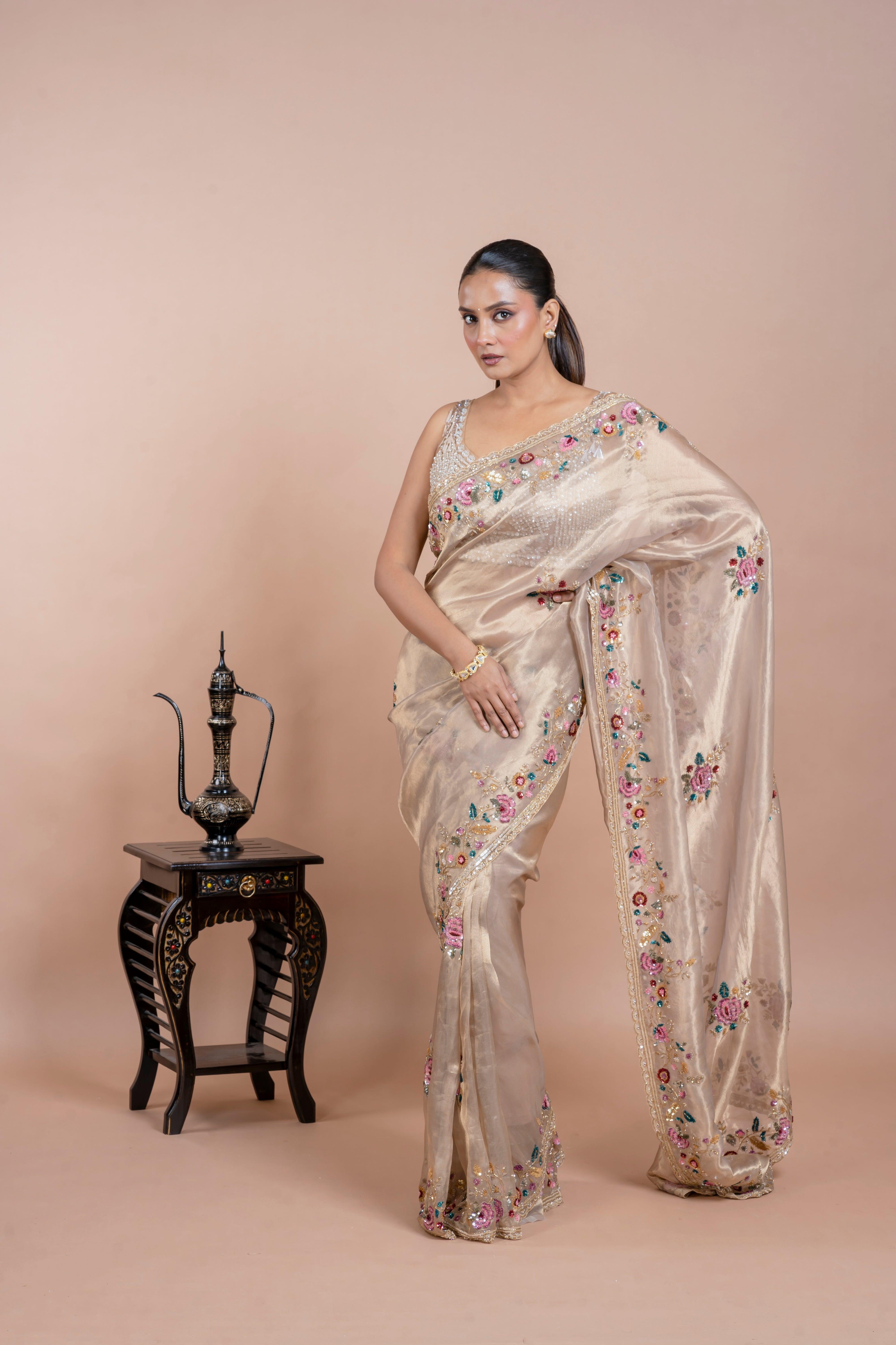 Mat Gold Tissue Organza Saree with Sequin Floral Embroidery - Mokshaa