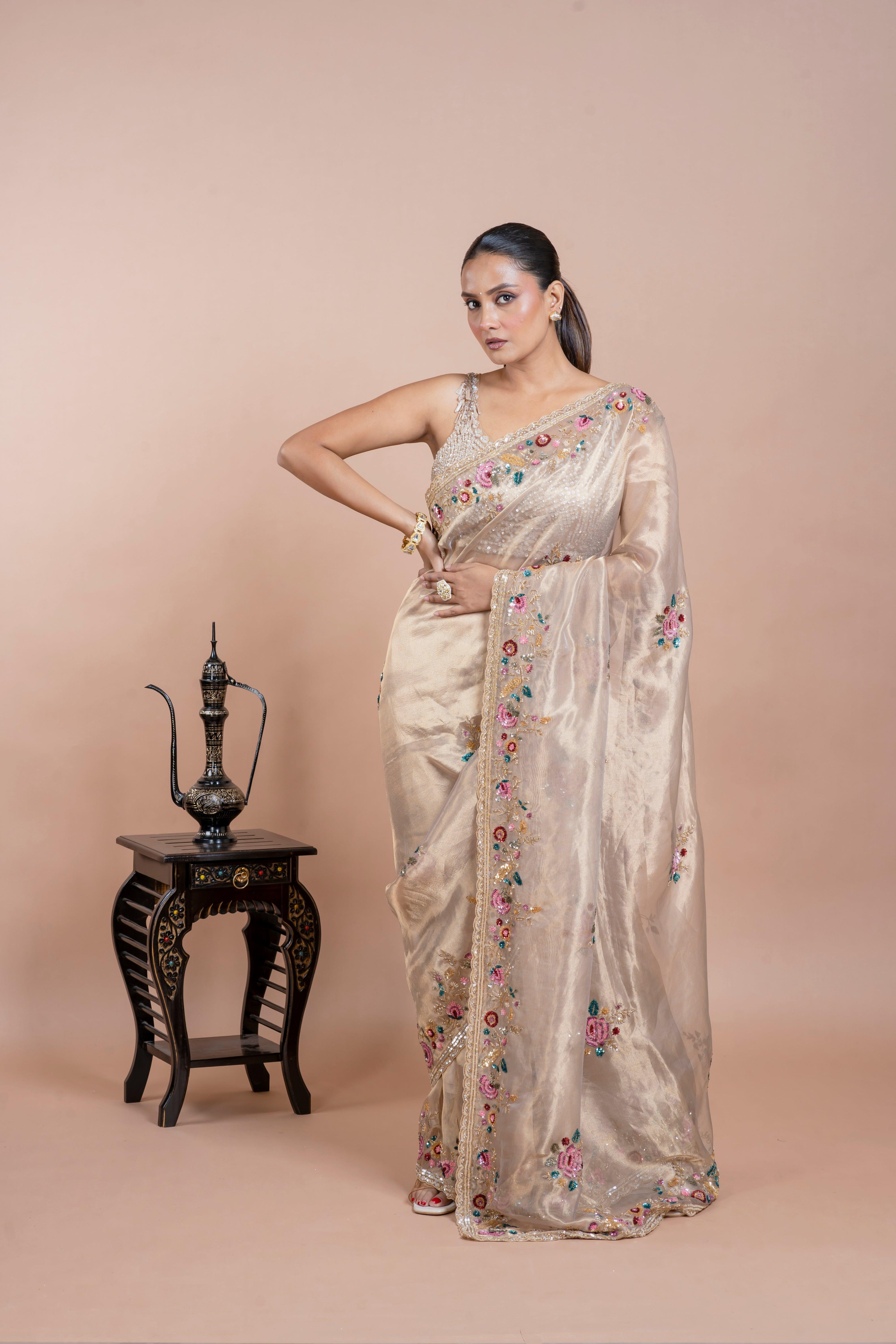 Mat Gold Tissue Organza Saree with Sequin Floral Embroidery - Mokshaa