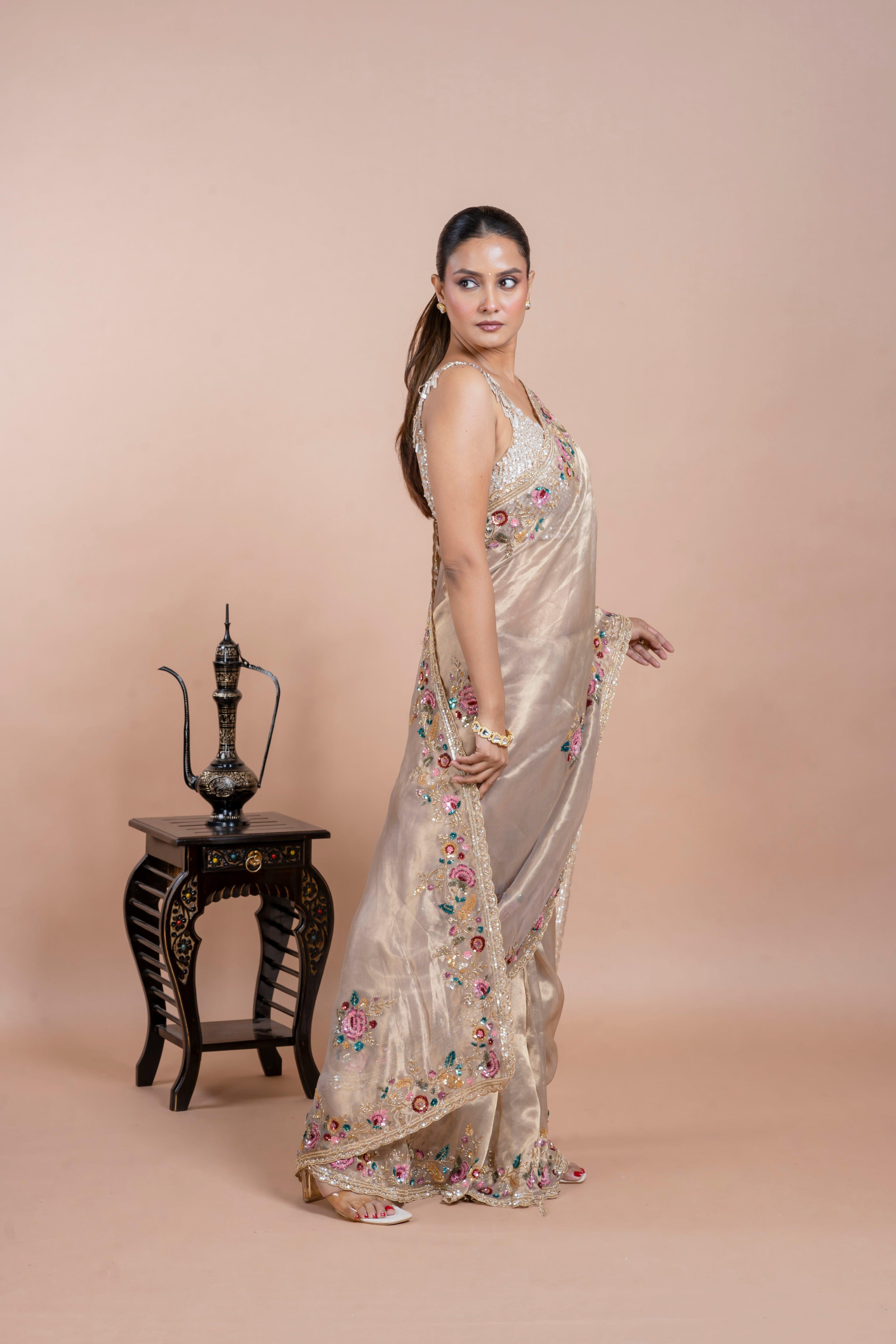 Mat Gold Tissue Organza Saree with Sequin Floral Embroidery - Mokshaa