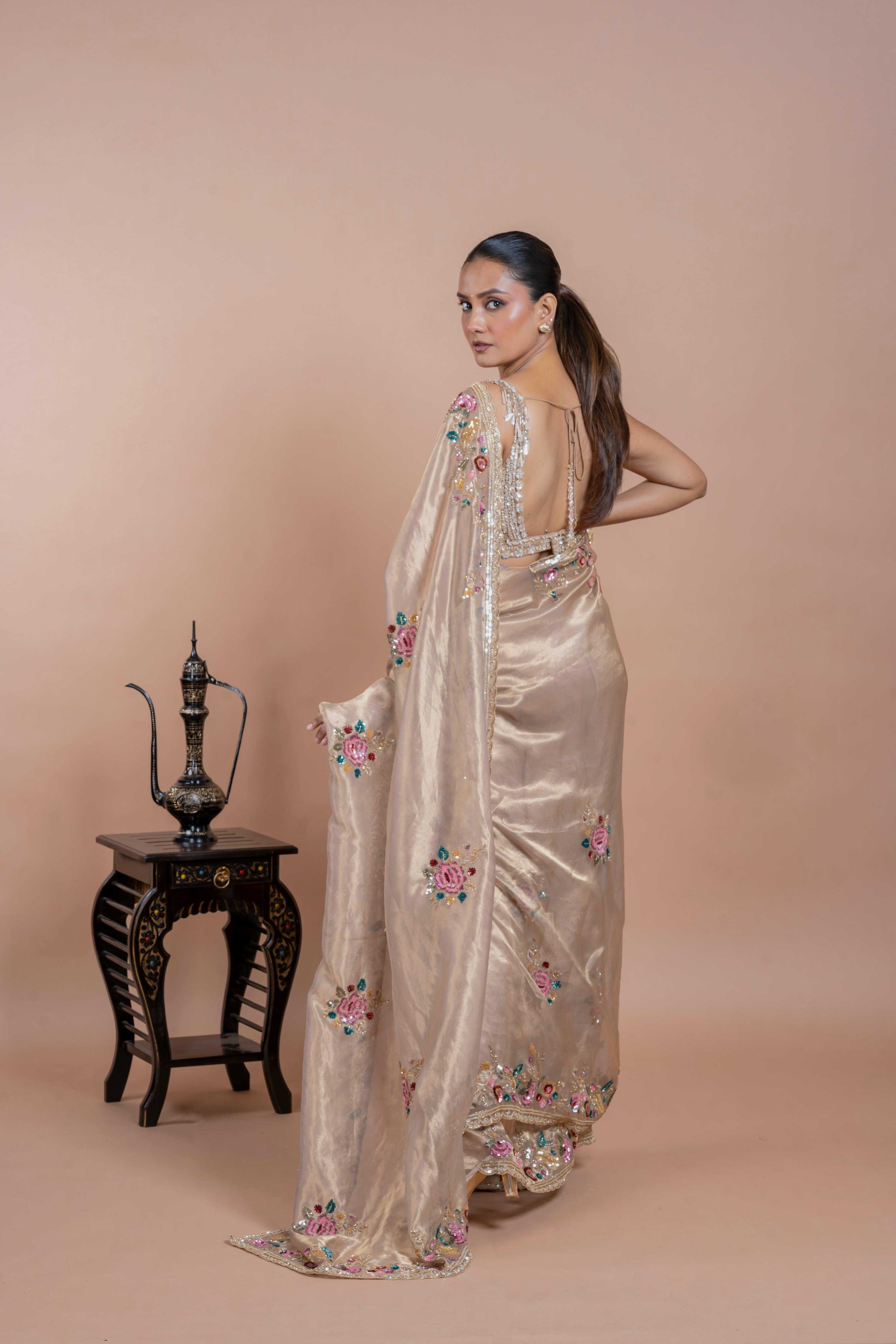 Mat Gold Tissue Organza Saree with Sequin Floral Embroidery - Mokshaa