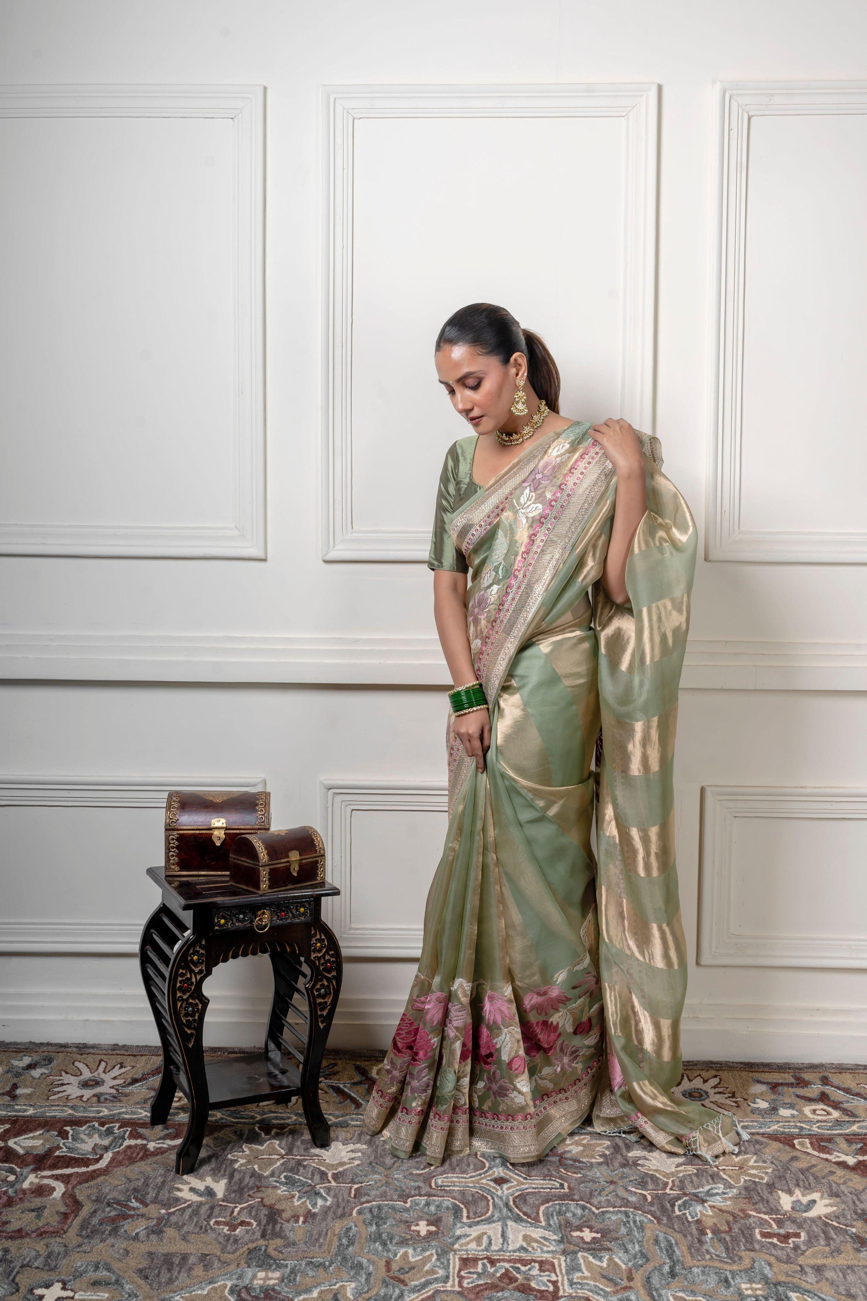 Green Organza Saree with Gold Zari Stripe - Mokshaa