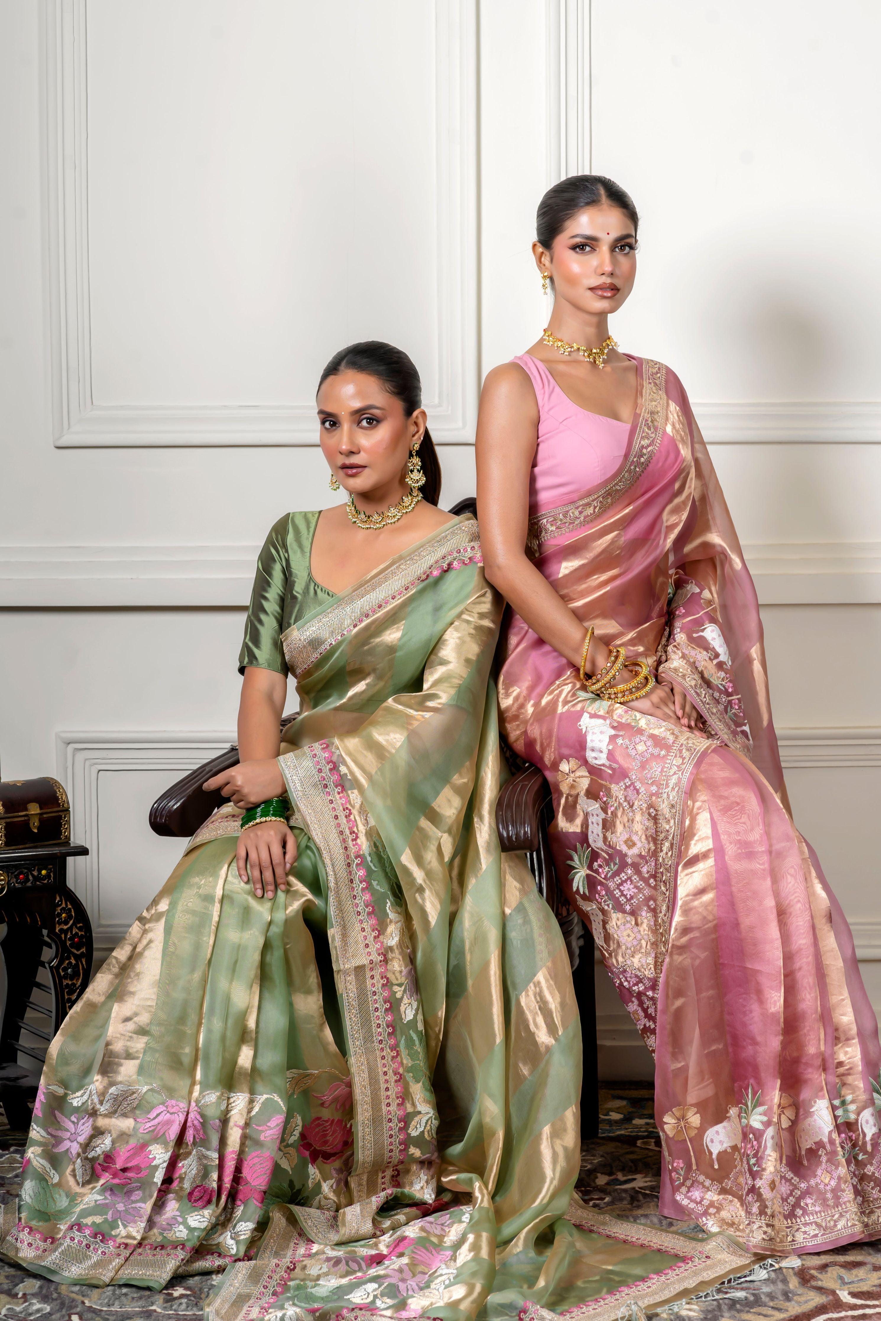 Green Organza Saree with Gold Zari Stripe - Mokshaa