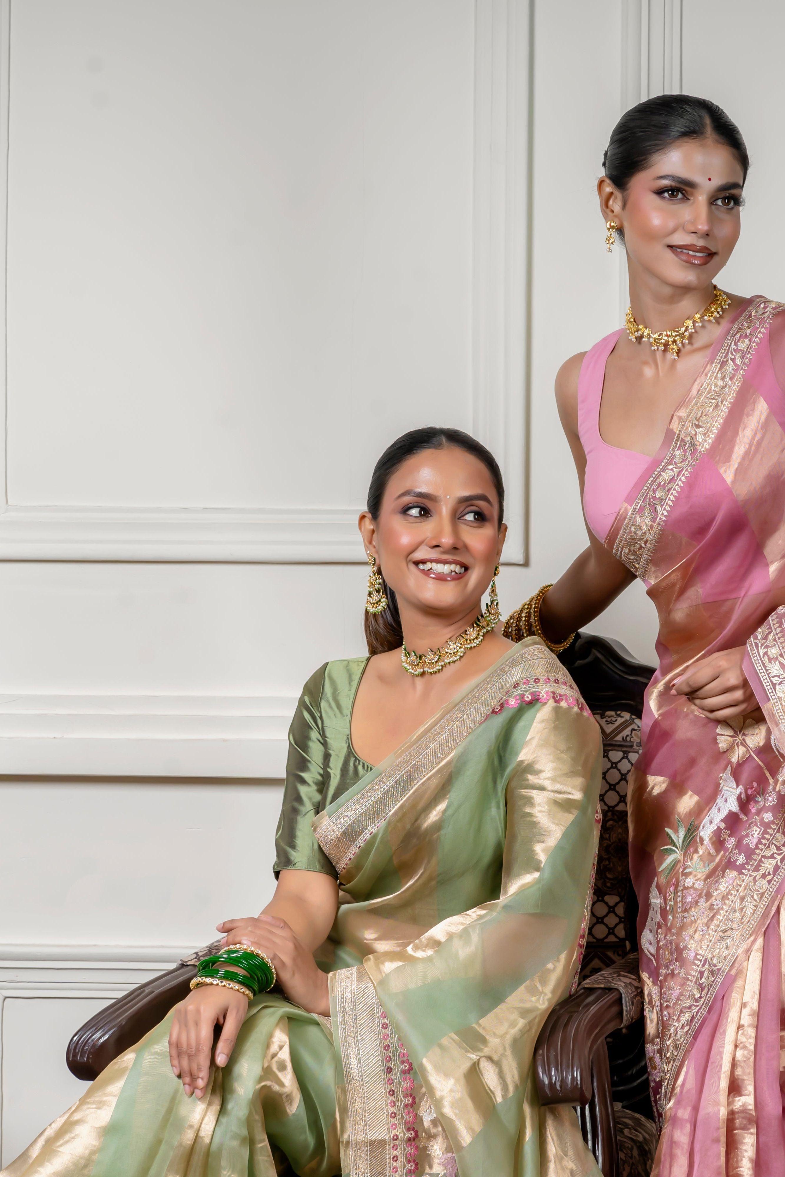 Dusty Pink Organza Saree with Gold Zari Stripe - Mokshaa