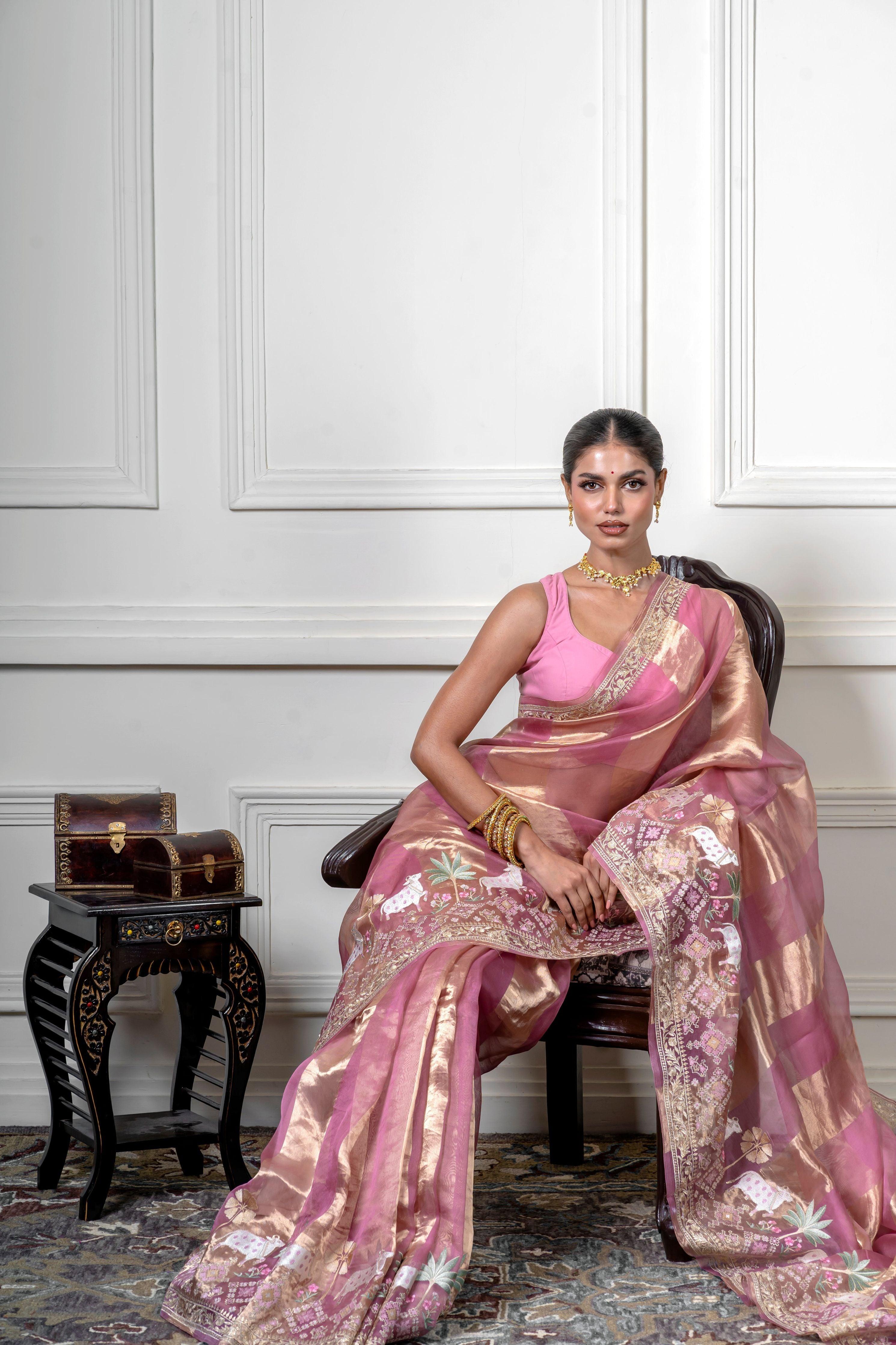 Dusty Pink Organza Saree with Gold Zari Stripe - Mokshaa