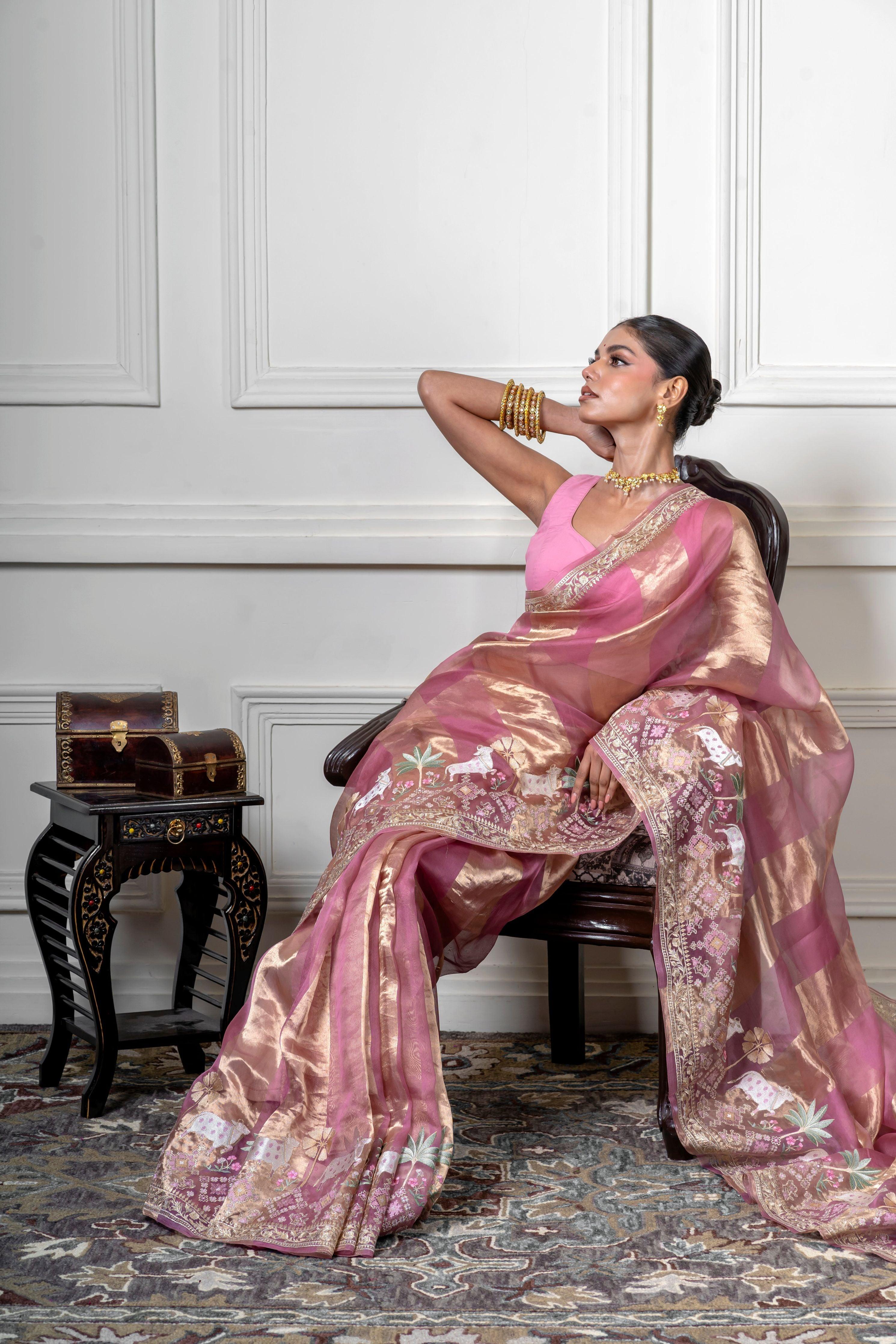 Dusty Pink Organza Saree with Gold Zari Stripe - Mokshaa