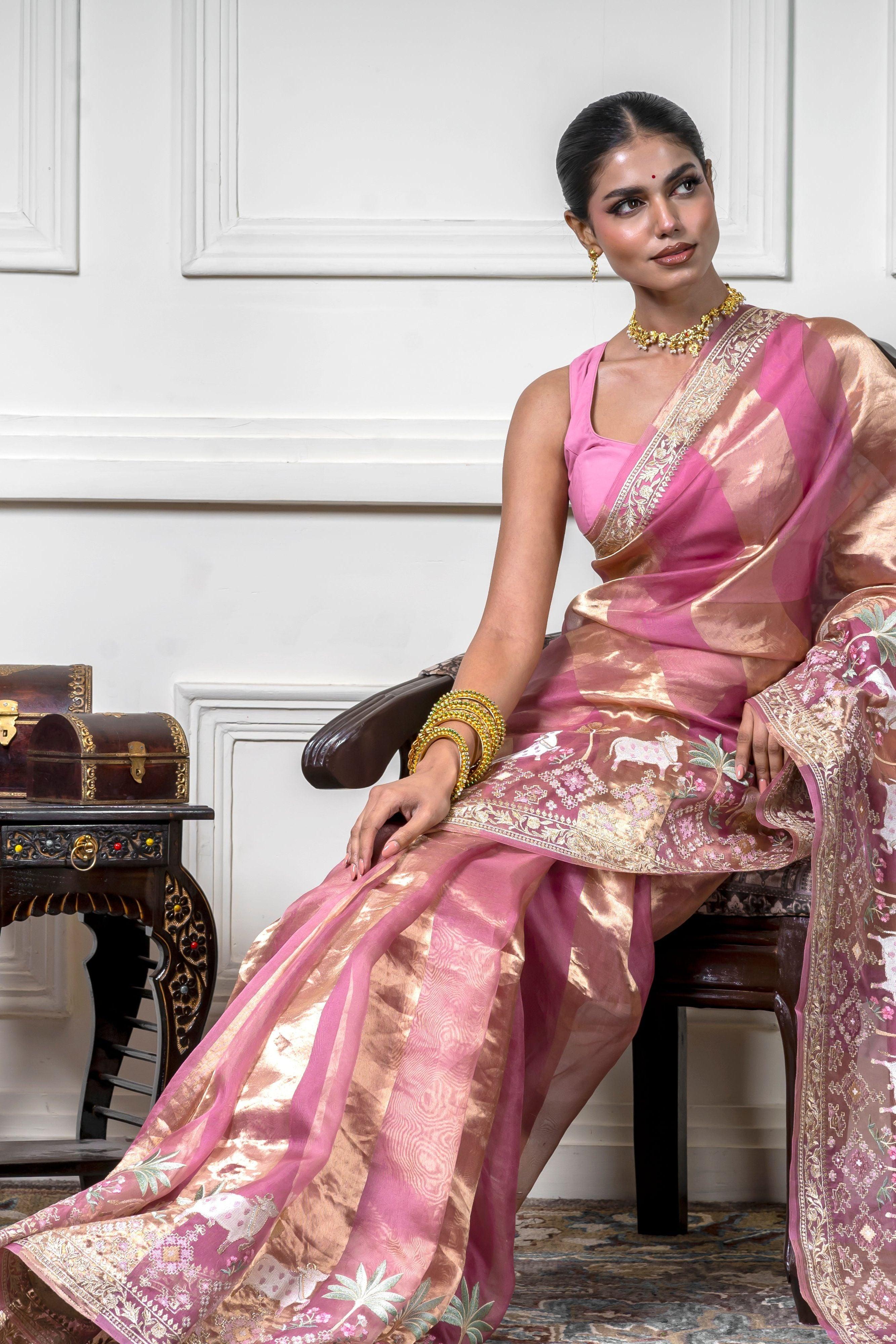Dusty Pink Organza Saree with Gold Zari Stripe - Mokshaa