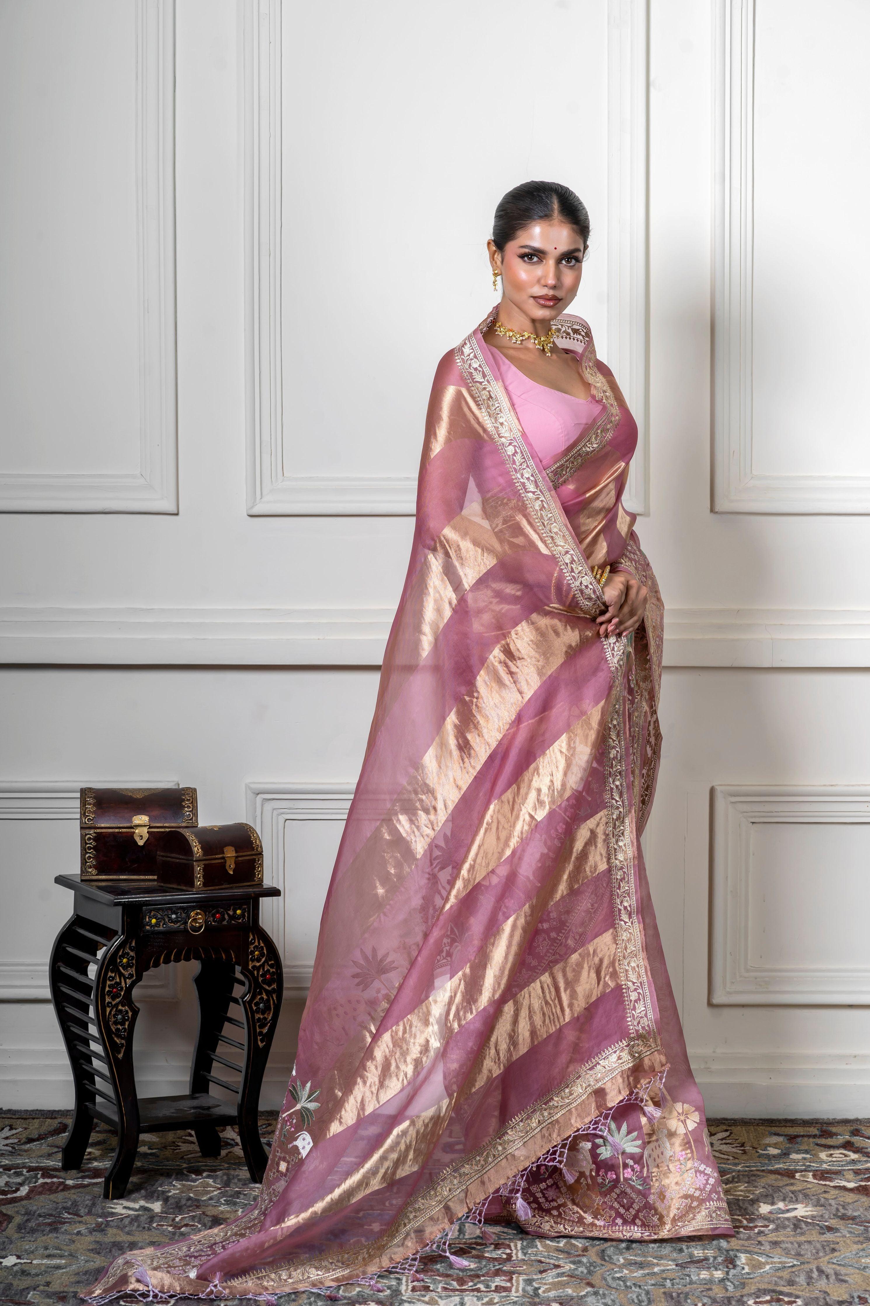 Dusty Pink Organza Saree with Gold Zari Stripe - Mokshaa
