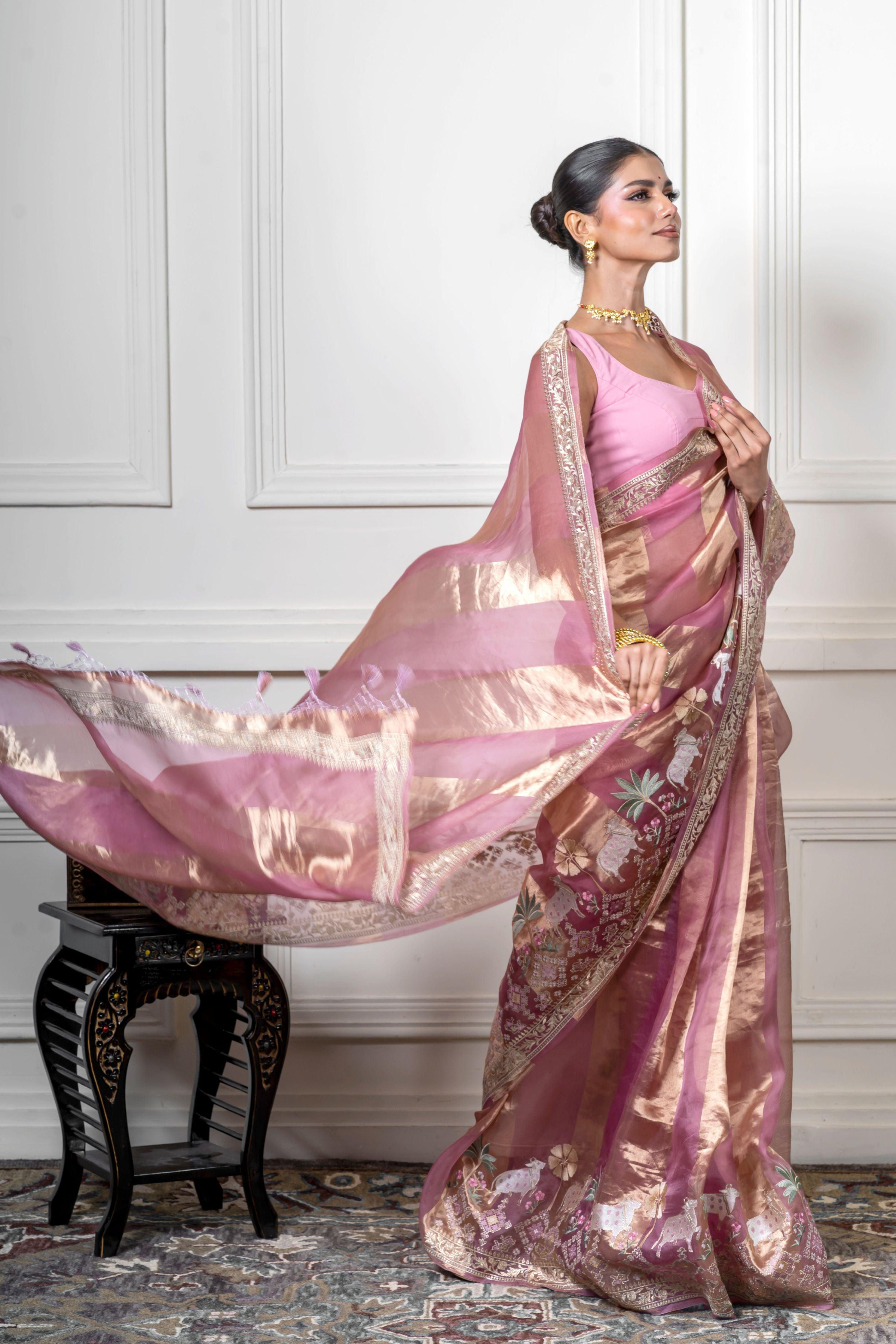 Dusty Pink Organza Saree with Gold Zari Stripe - Mokshaa