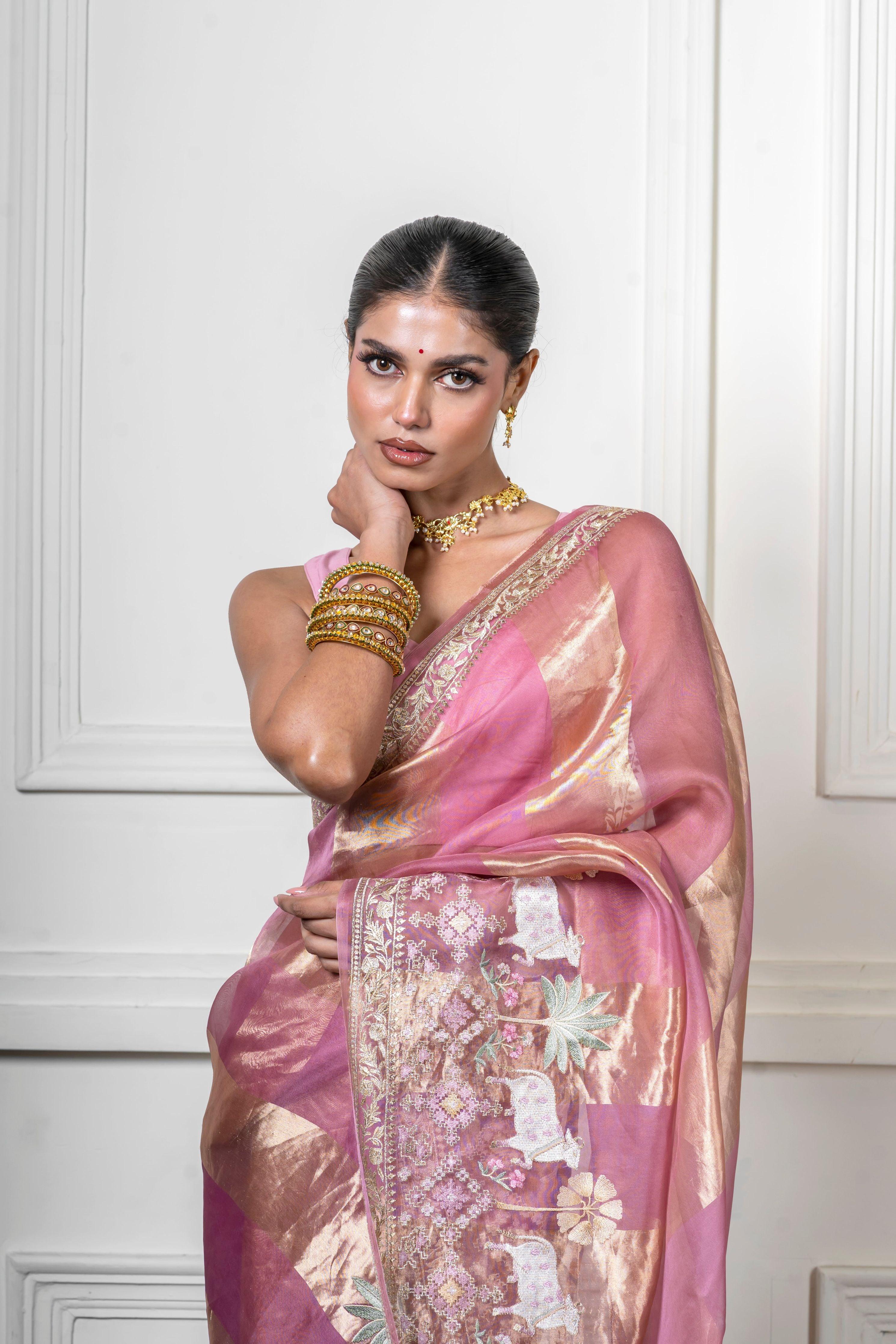 Dusty Pink Organza Saree with Gold Zari Stripe - Mokshaa