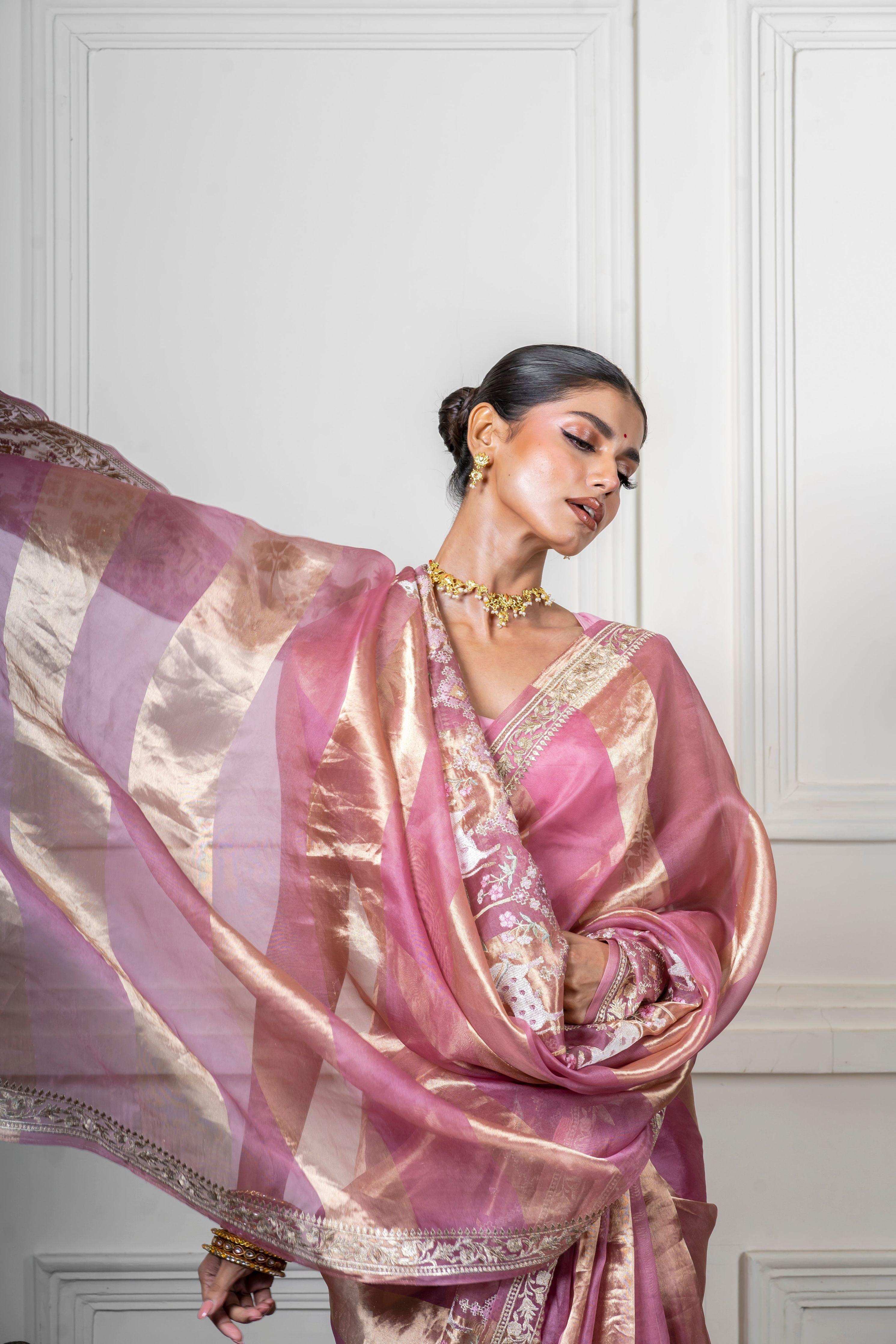 Dusty Pink Organza Saree with Gold Zari Stripe - Mokshaa
