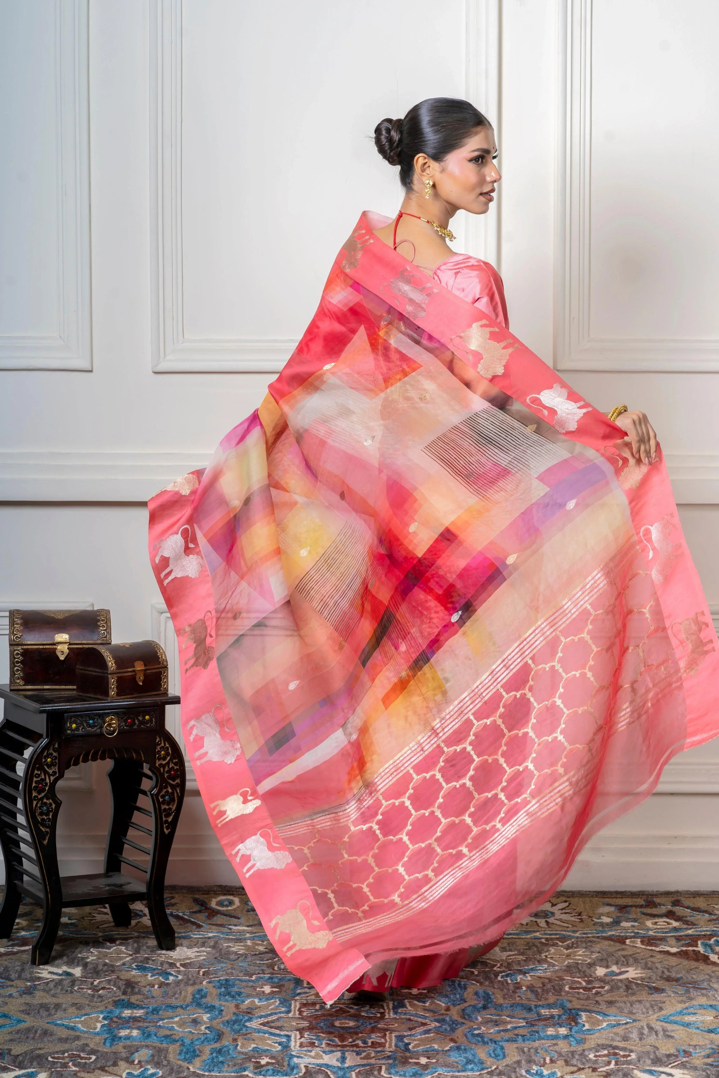 Multicolor Organza Saree with Geometric Print and Animal Motif - Mokshaa