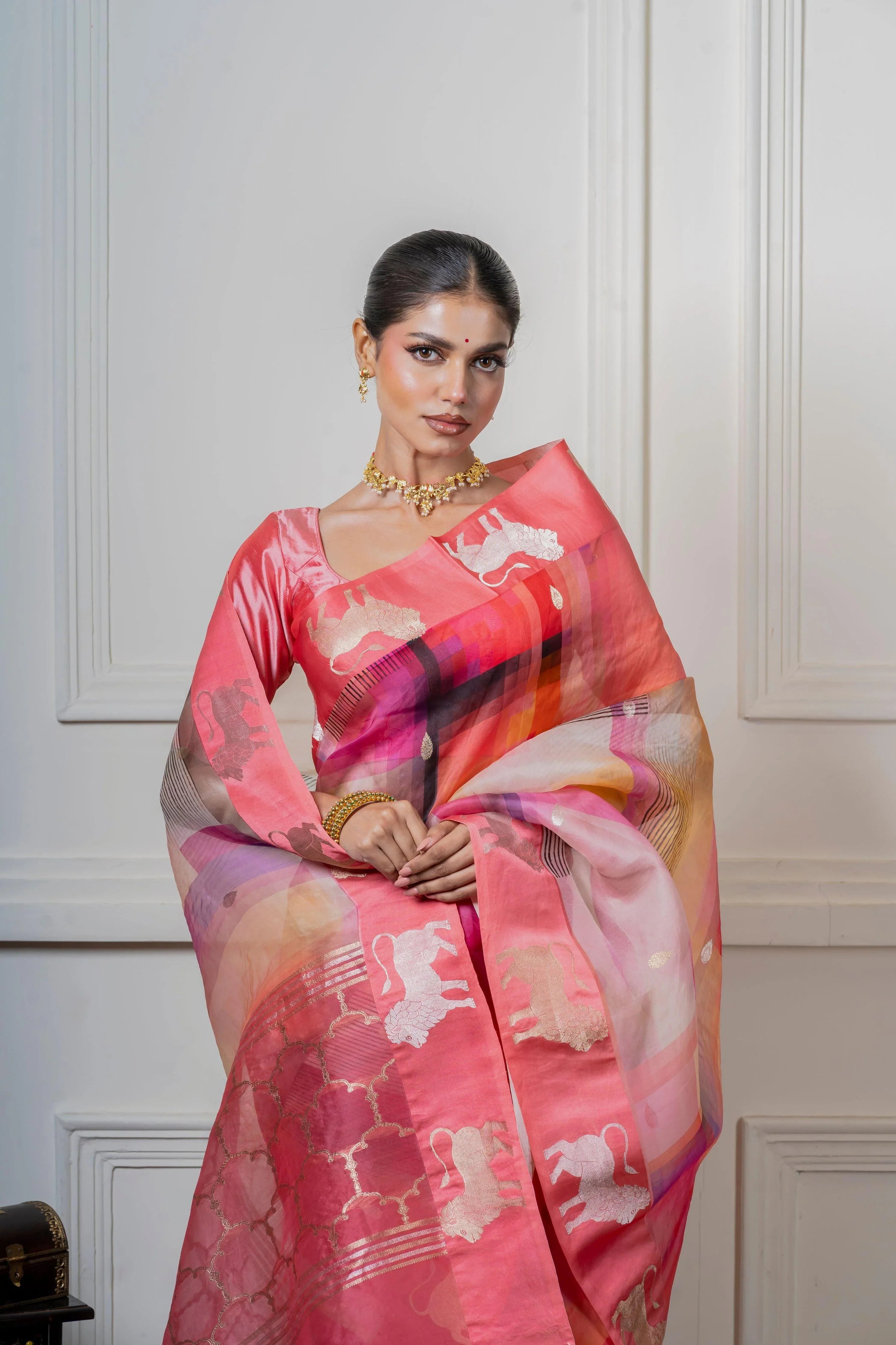Multicolor Organza Saree with Geometric Print and Animal Motif - Mokshaa