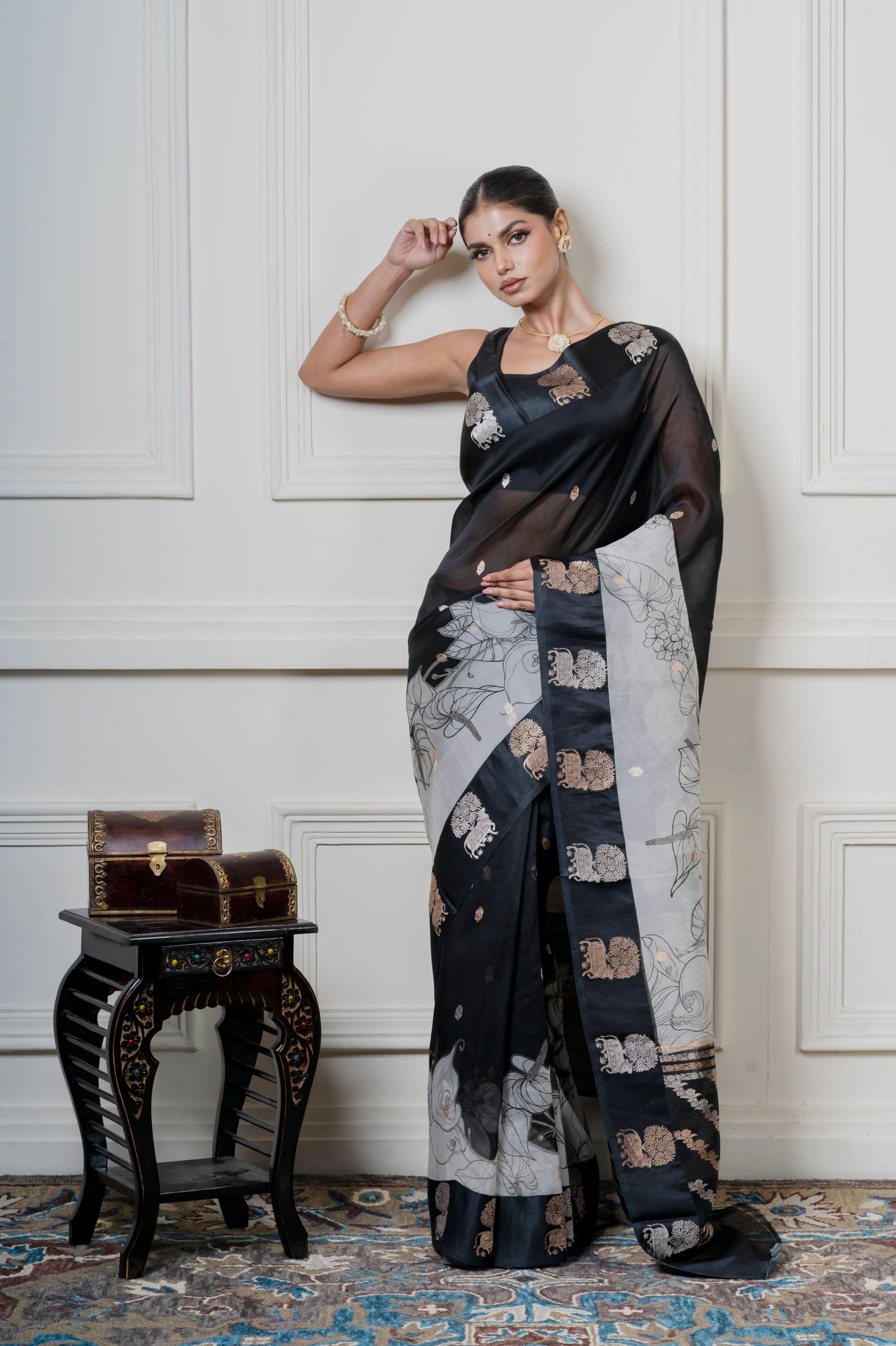 Black Organza Saree with Digital Floral Print and Zari Border - Mokshaa