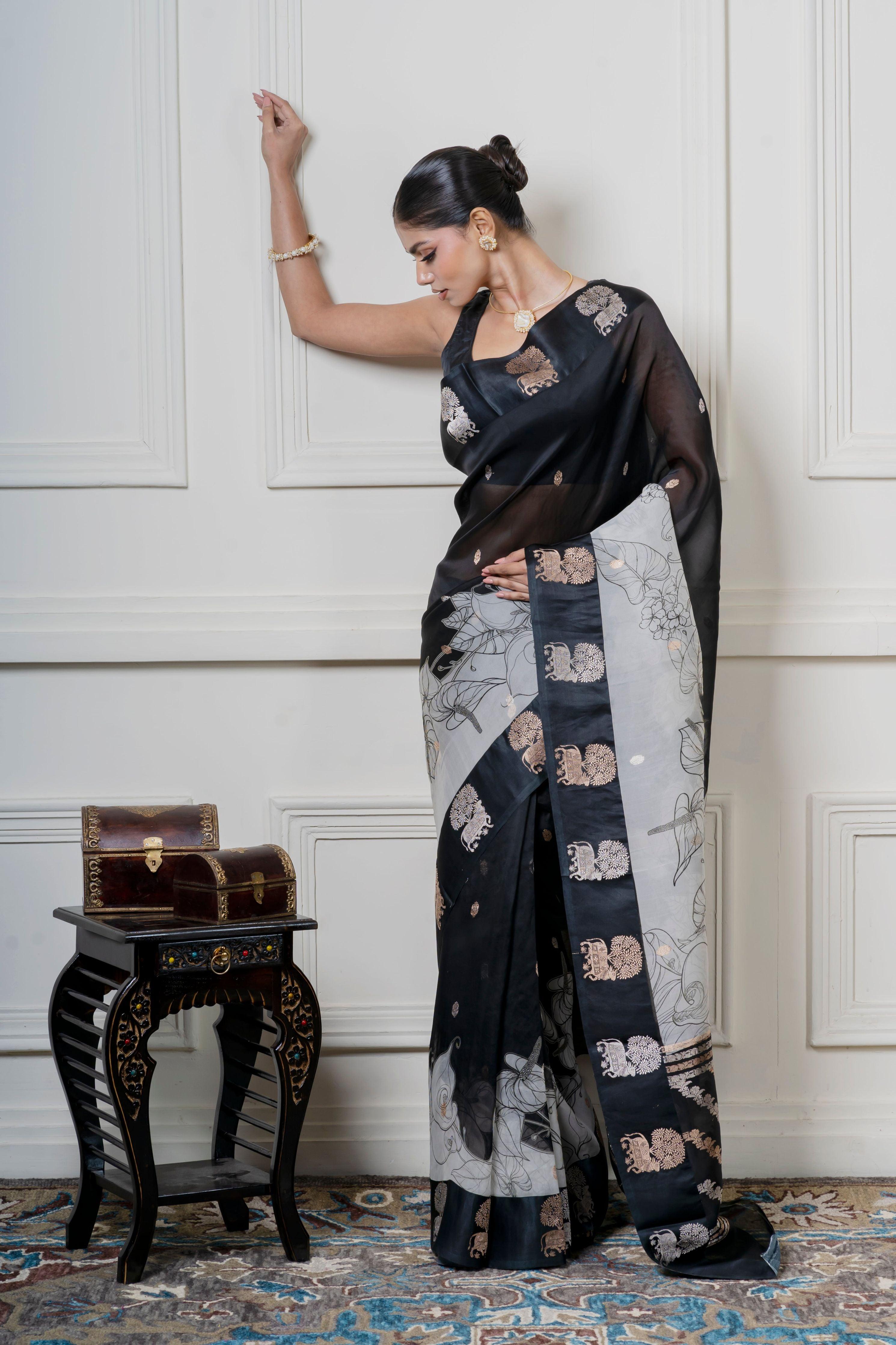 Black Organza Saree with Digital Floral Print and Zari Border - Mokshaa