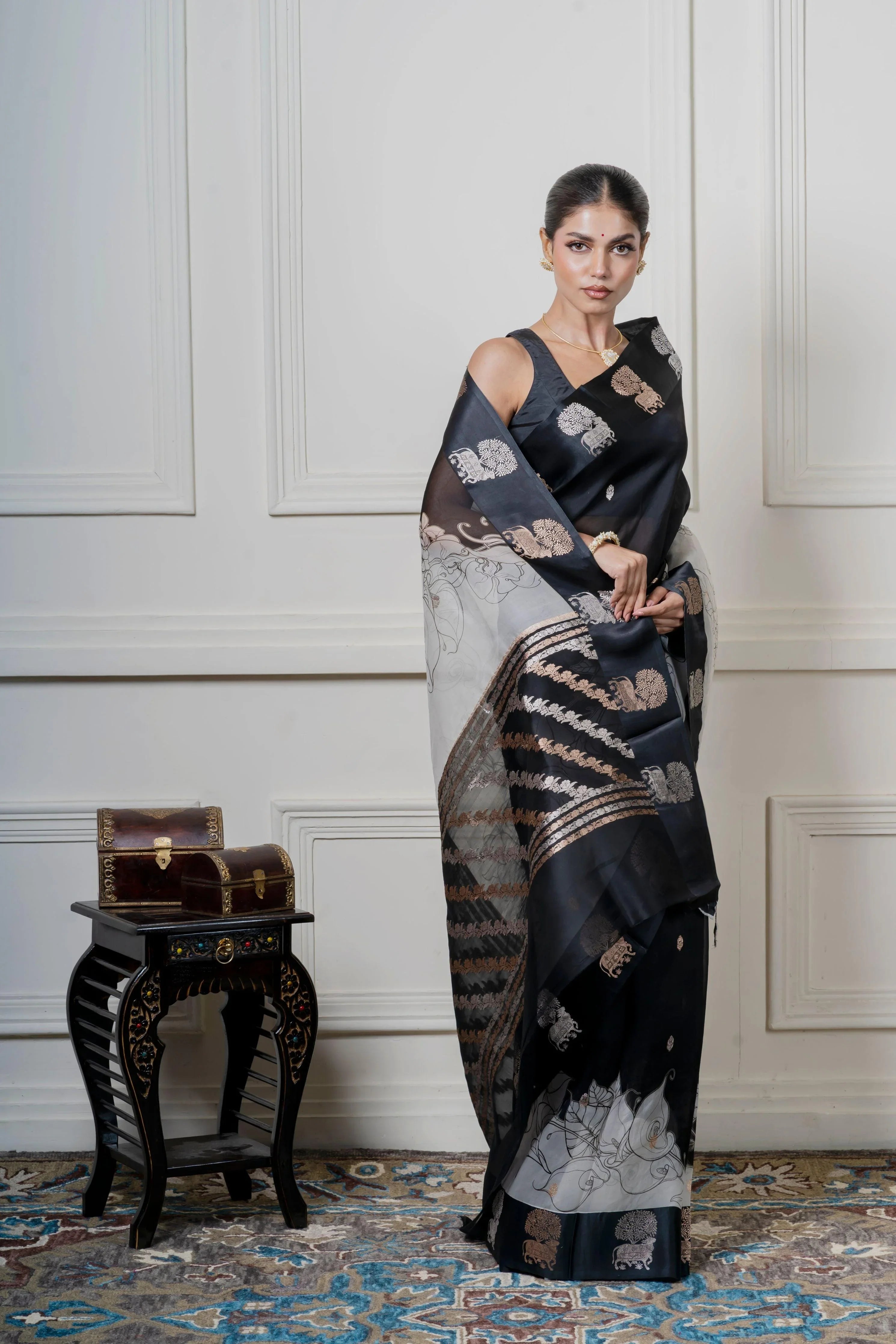 Black Organza Saree with Digital Floral Print and Zari Border - Mokshaa