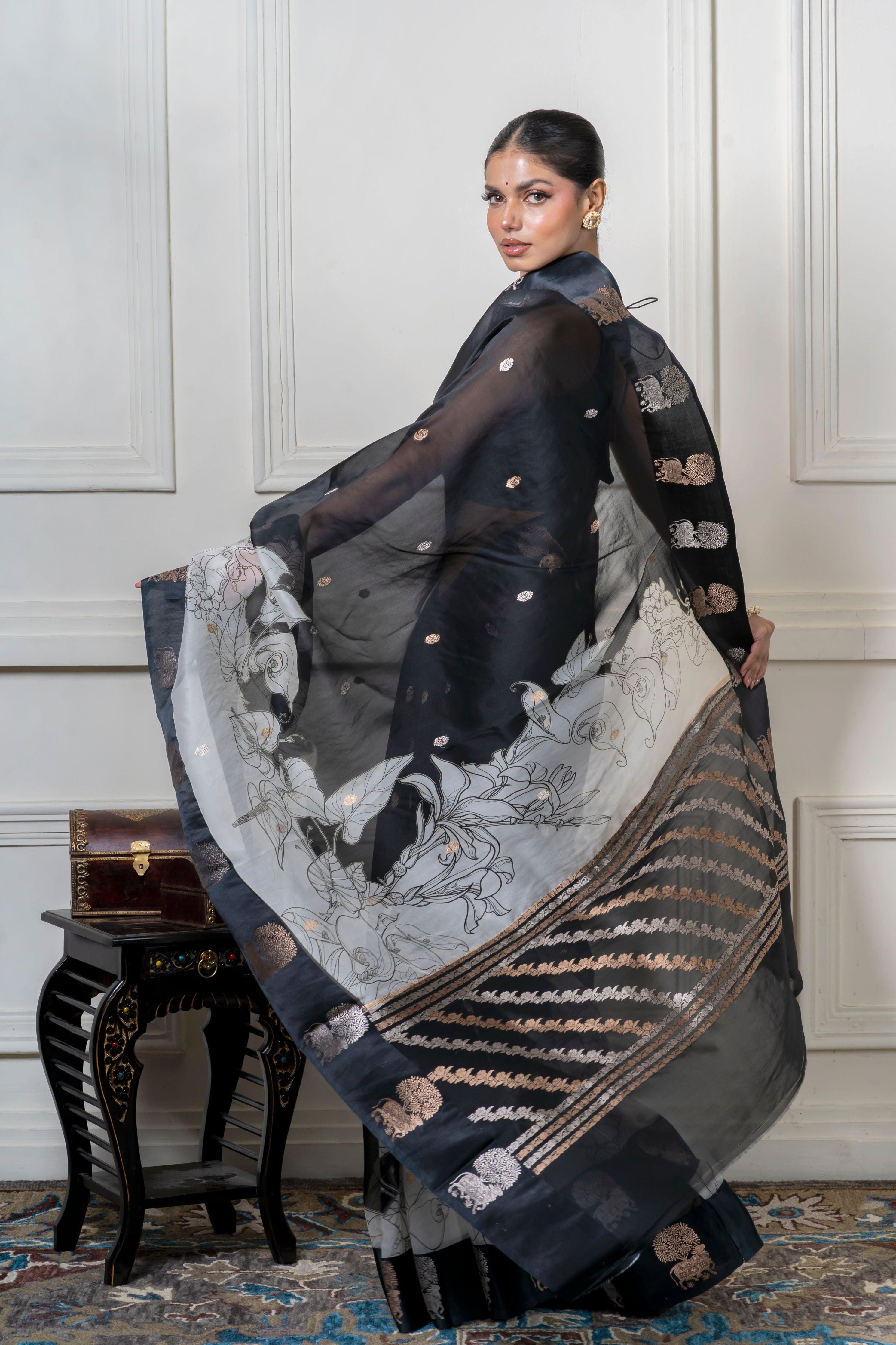 Black Organza Saree with Digital Floral Print and Zari Border - Mokshaa