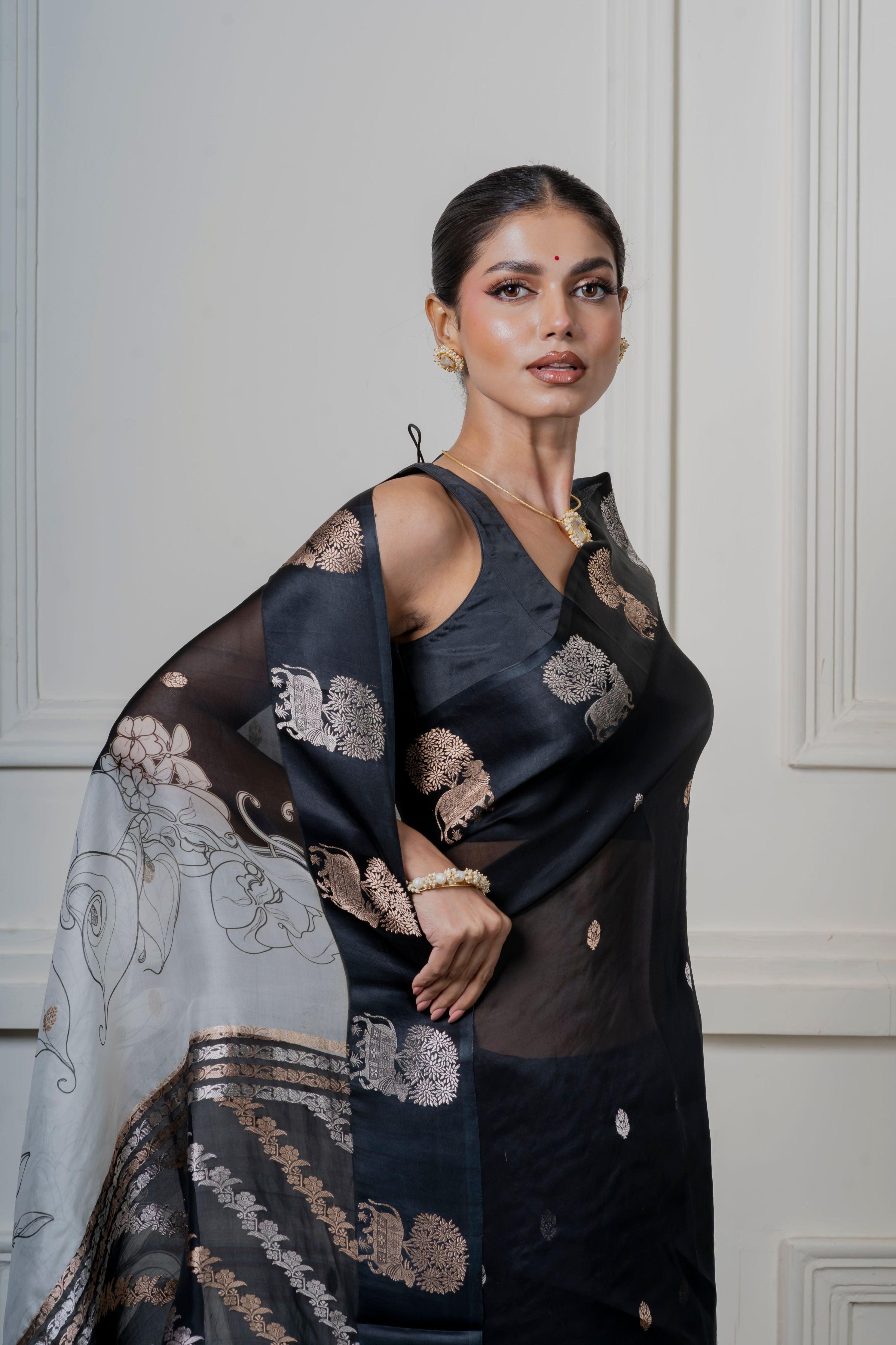 Black Organza Saree with Digital Floral Print and Zari Border - Mokshaa