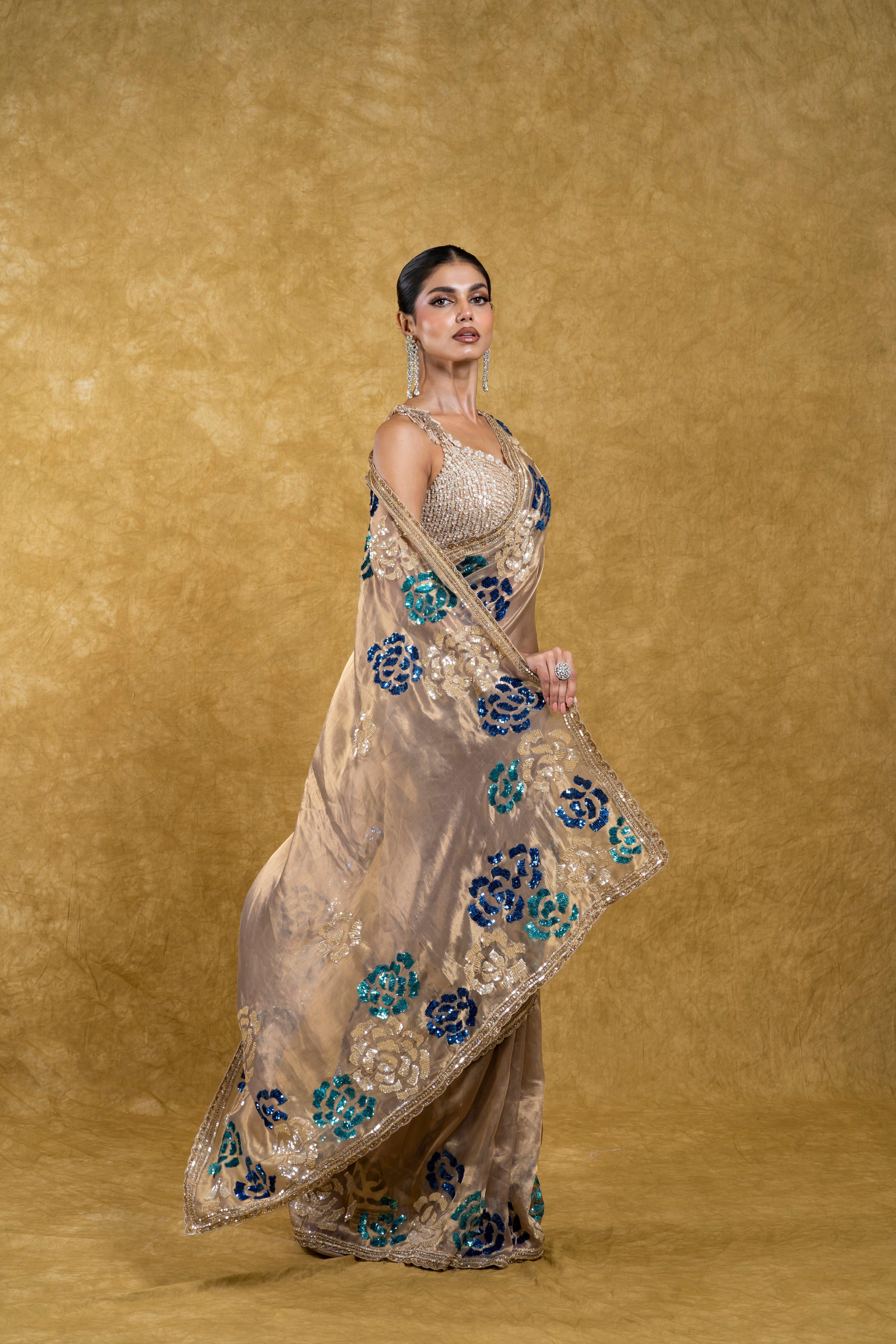 Taupe Gold Tissue Organza Saree with Sequin Floral Embroidery - Mokshaa
