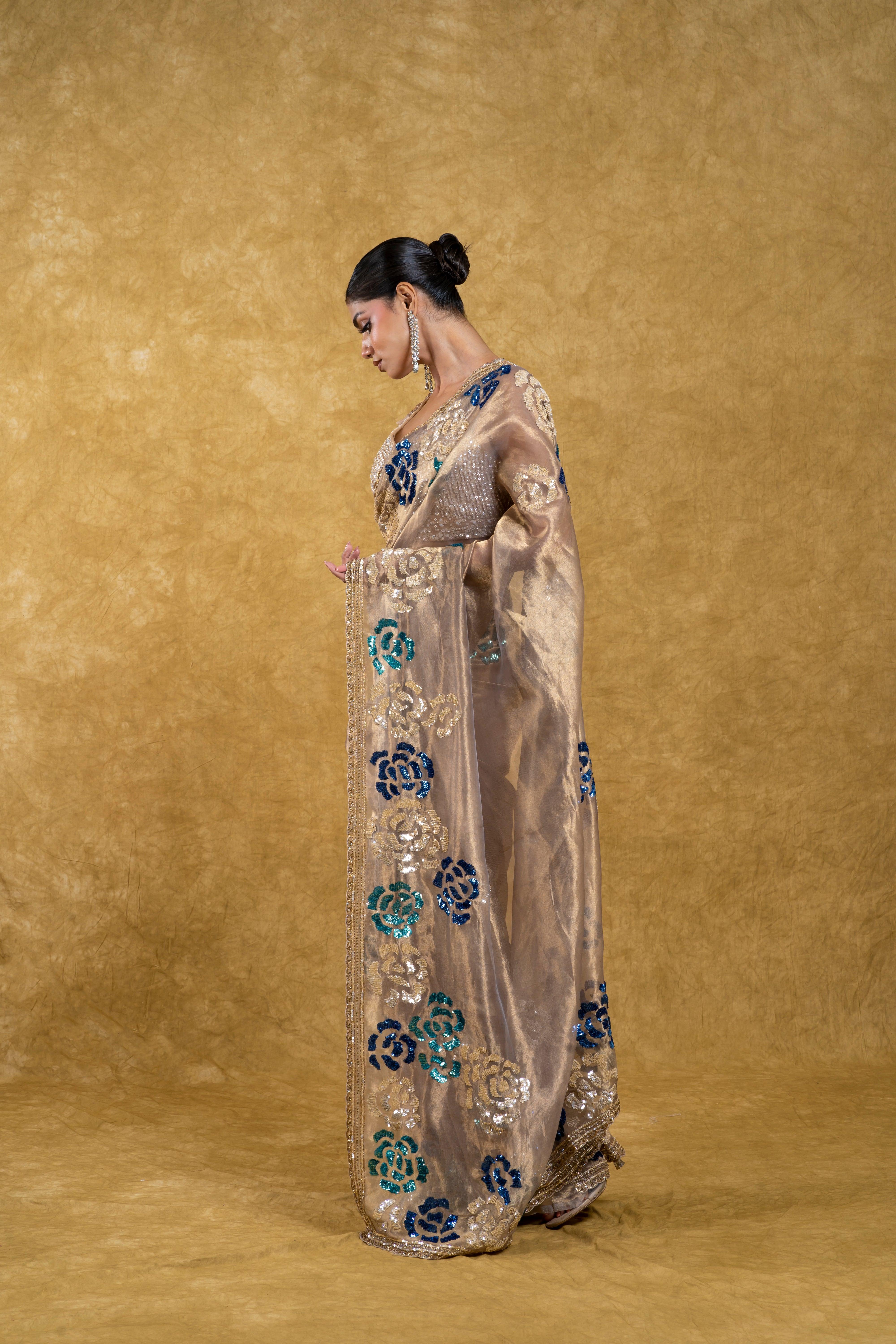 Taupe Gold Tissue Organza Saree with Sequin Floral Embroidery - Mokshaa