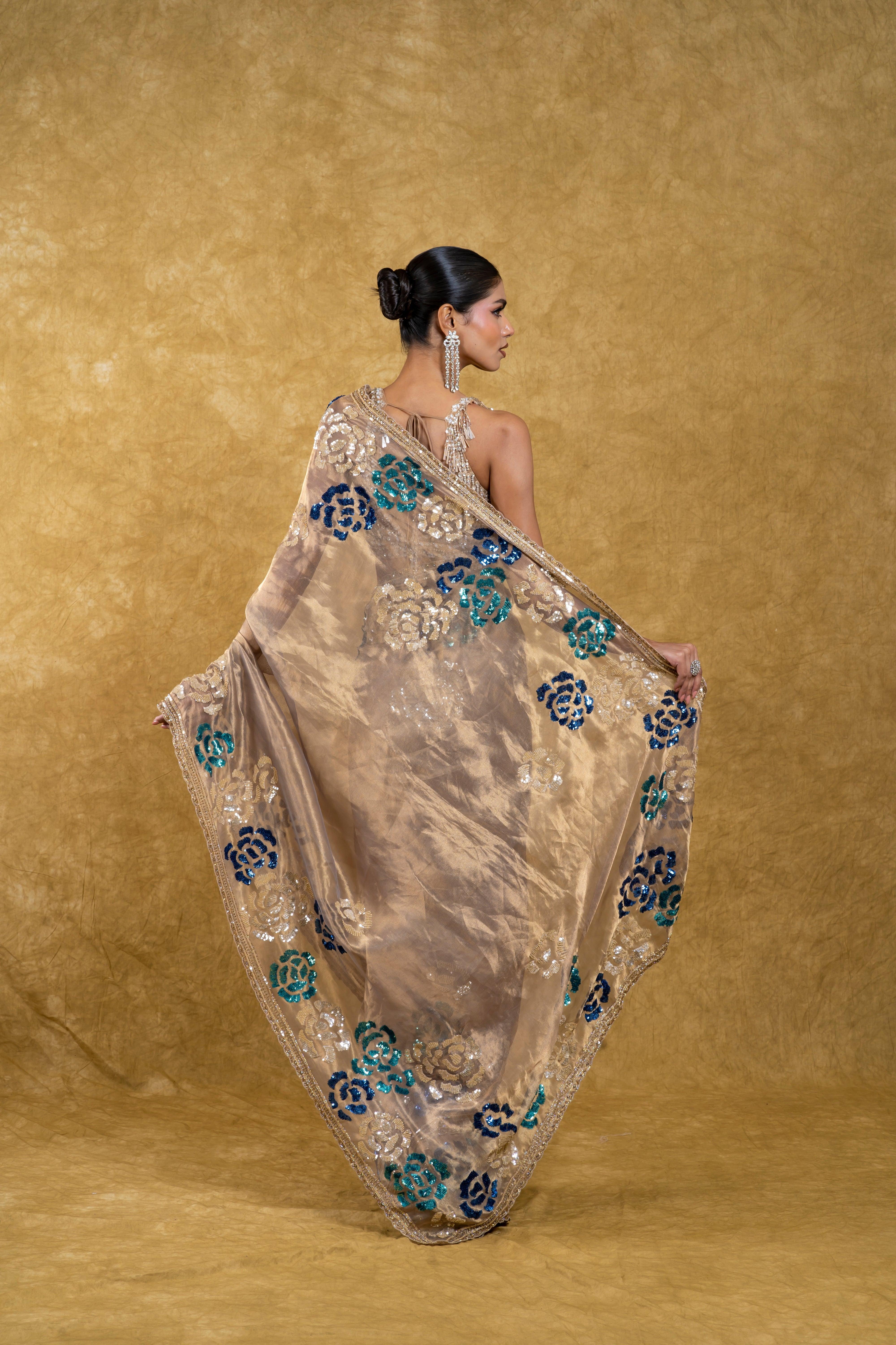 Taupe Gold Tissue Organza Saree with Sequin Floral Embroidery - Mokshaa