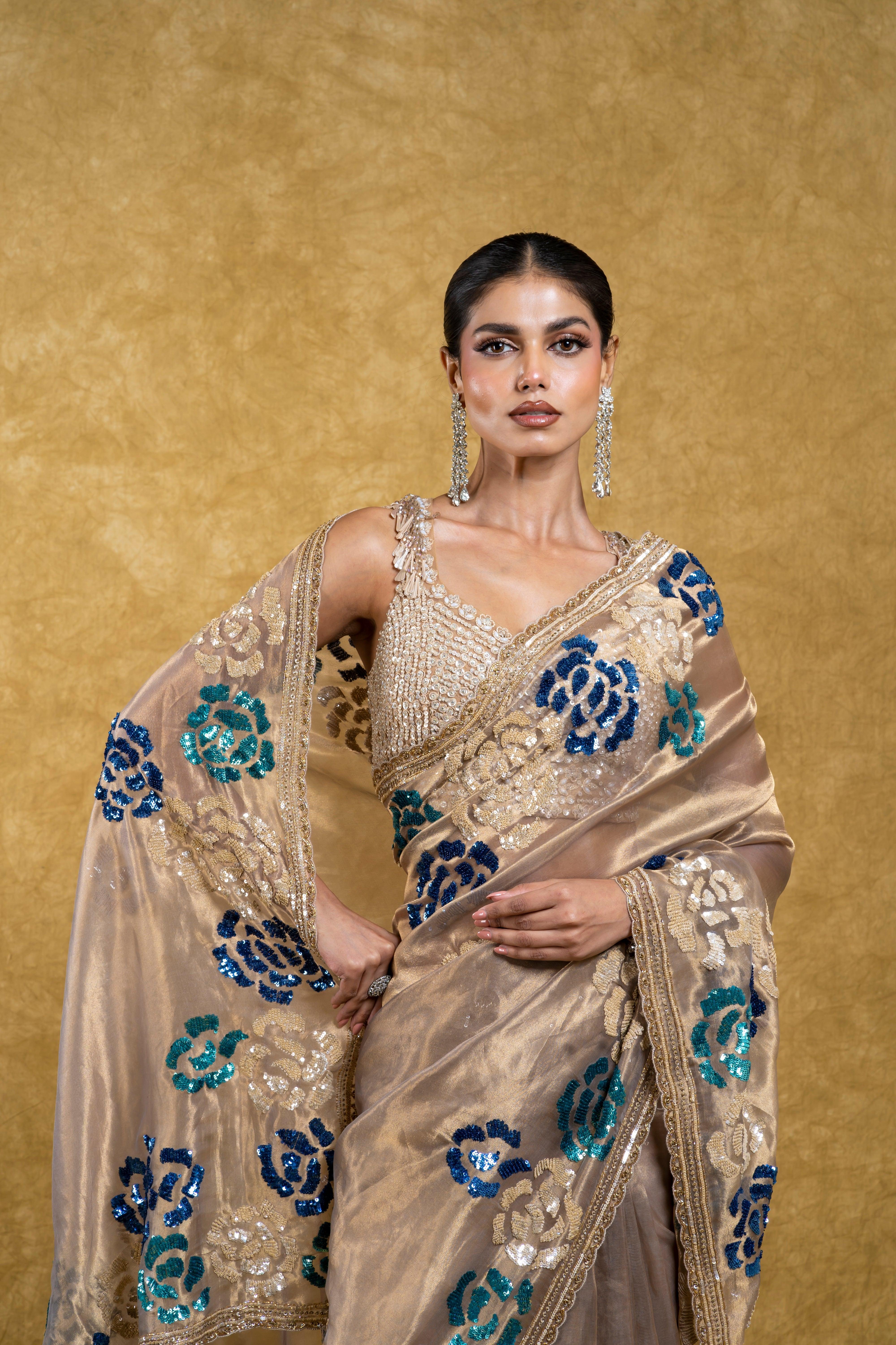 Taupe Gold Tissue Organza Saree with Sequin Floral Embroidery - Mokshaa