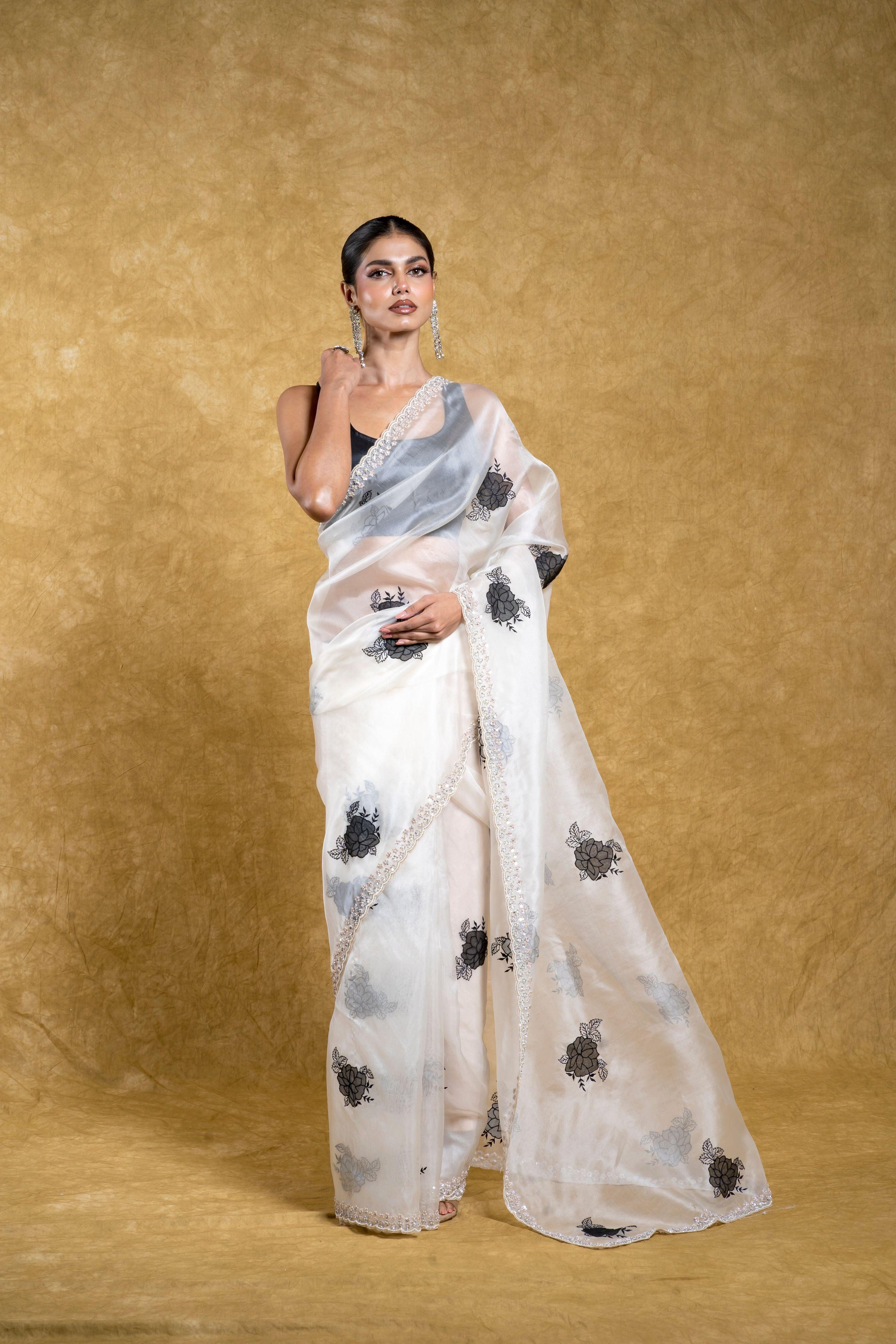 White Organza Saree with Black Floral Motif and Embellished Border - Mokshaa