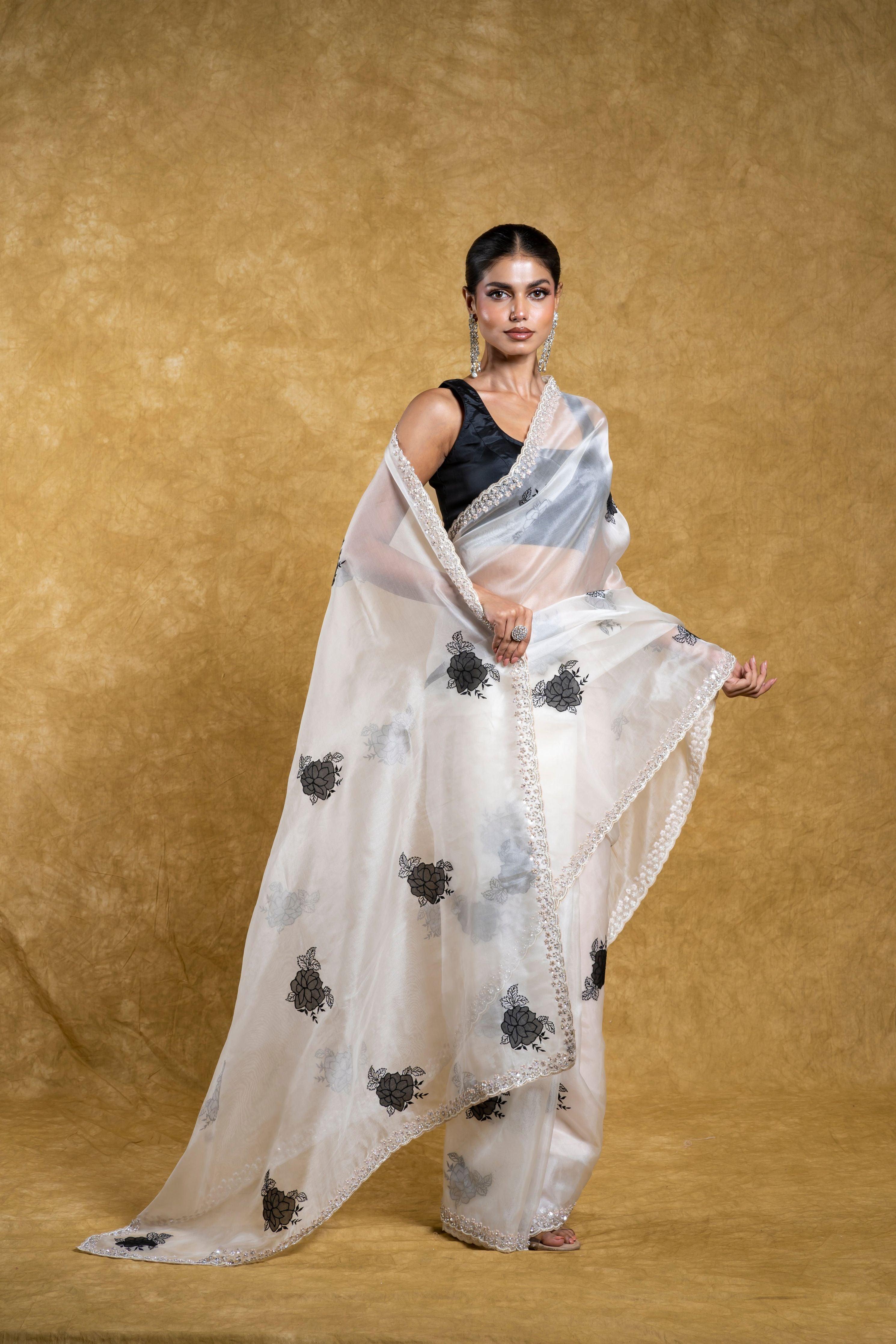 White Organza Saree with Black Floral Motif and Embellished Border - Mokshaa
