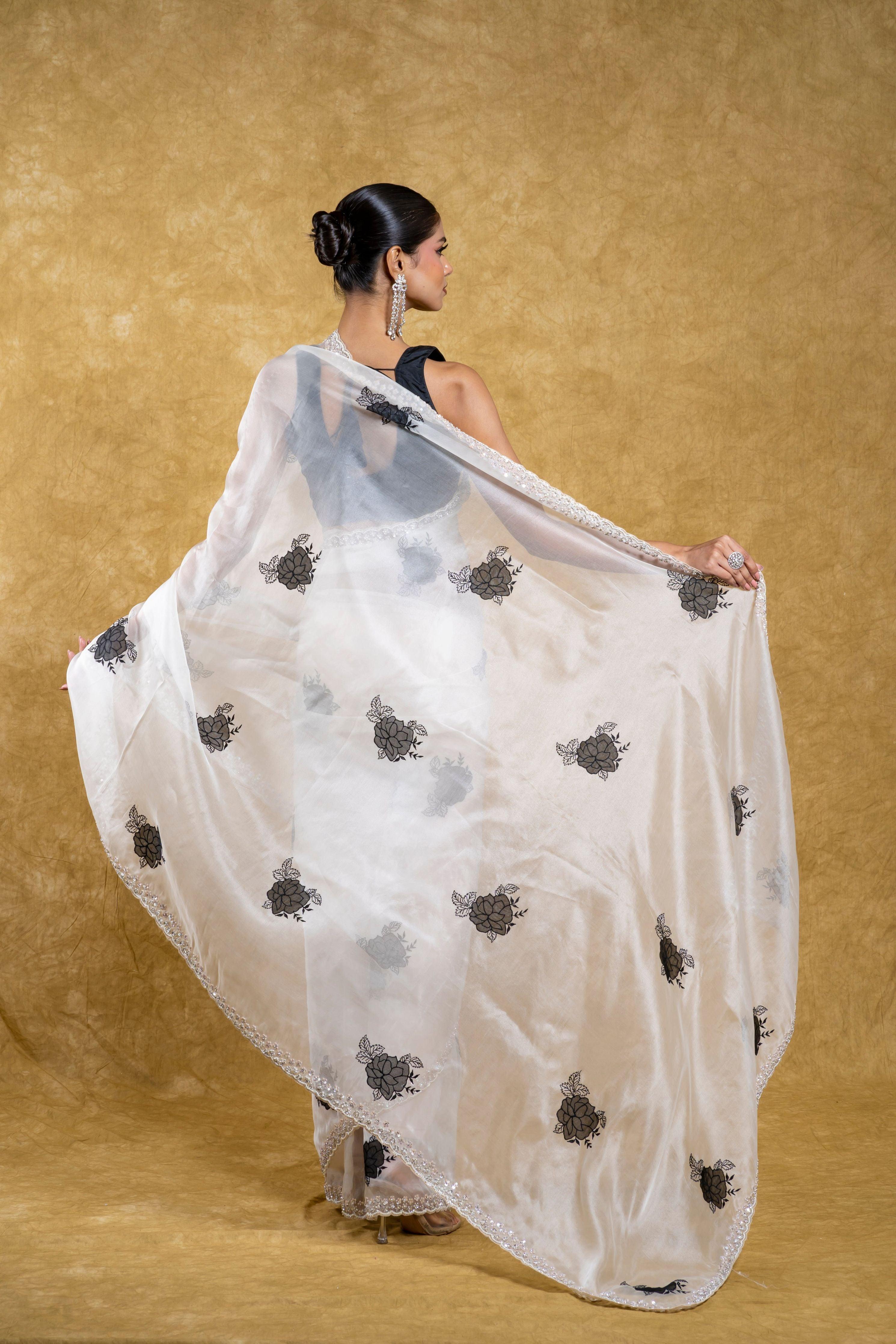White Organza Saree with Black Floral Motif and Embellished Border - Mokshaa