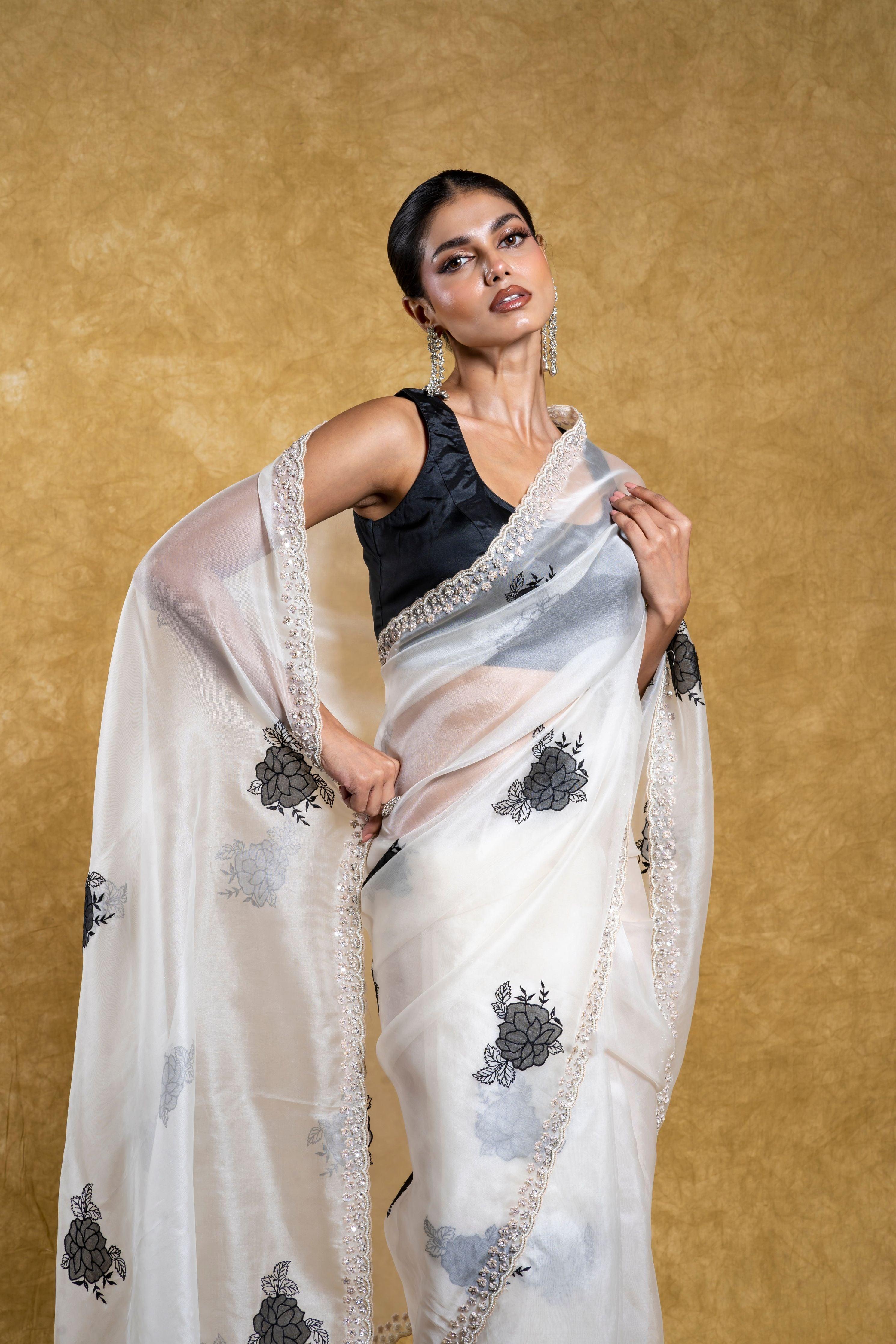 White Organza Saree with Black Floral Motif and Embellished Border - Mokshaa