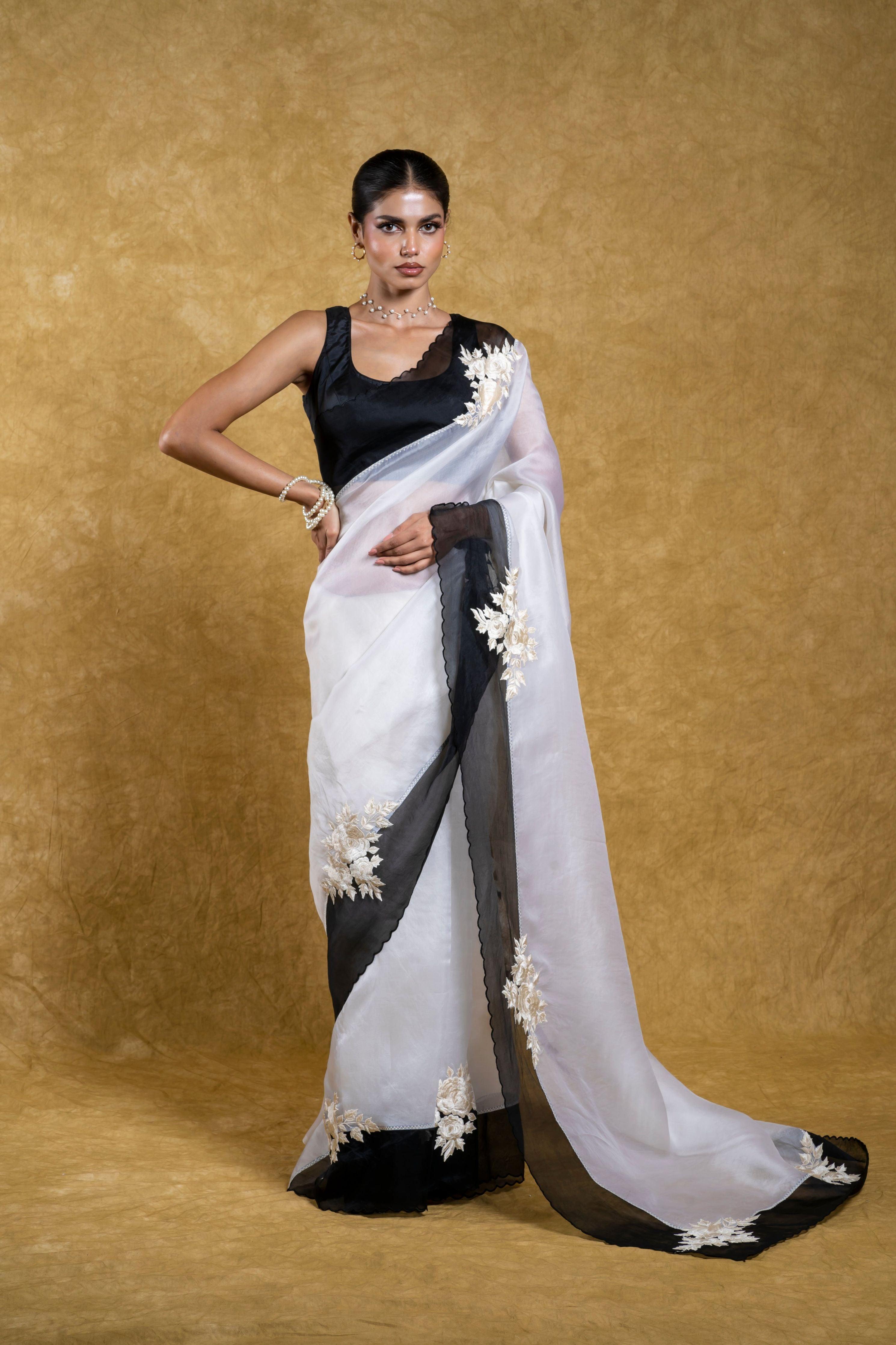 White Organza Saree with Black Floral Applique - Mokshaa