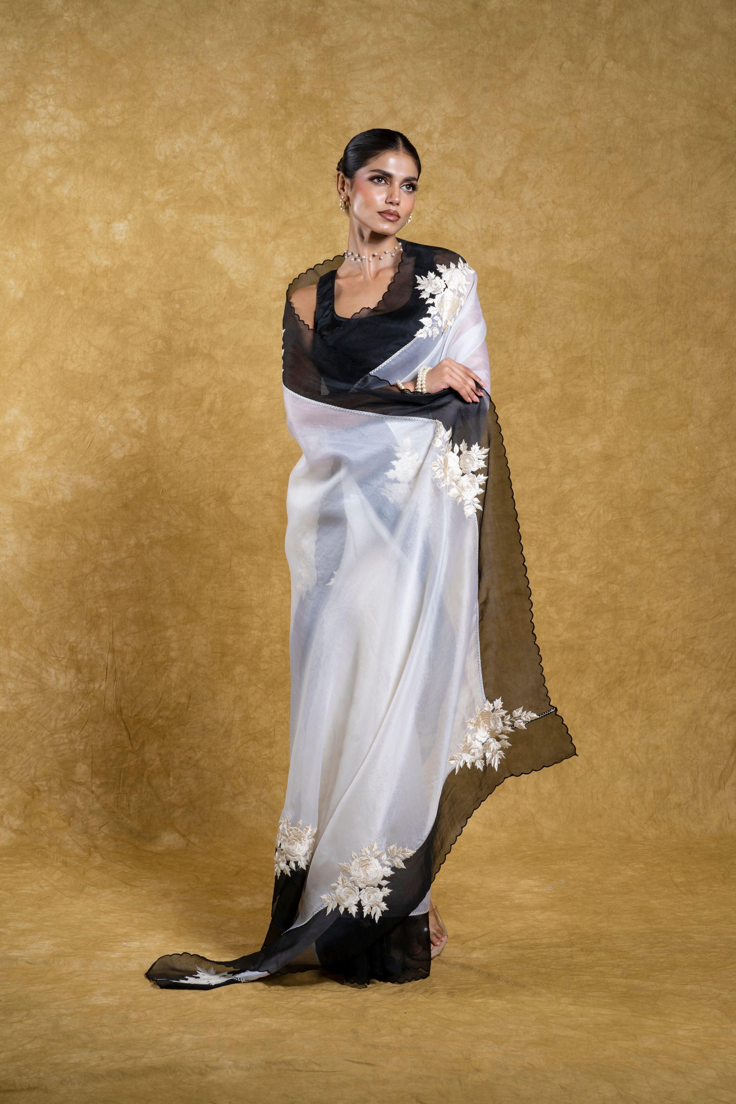 White Organza Saree with Black Floral Applique - Mokshaa