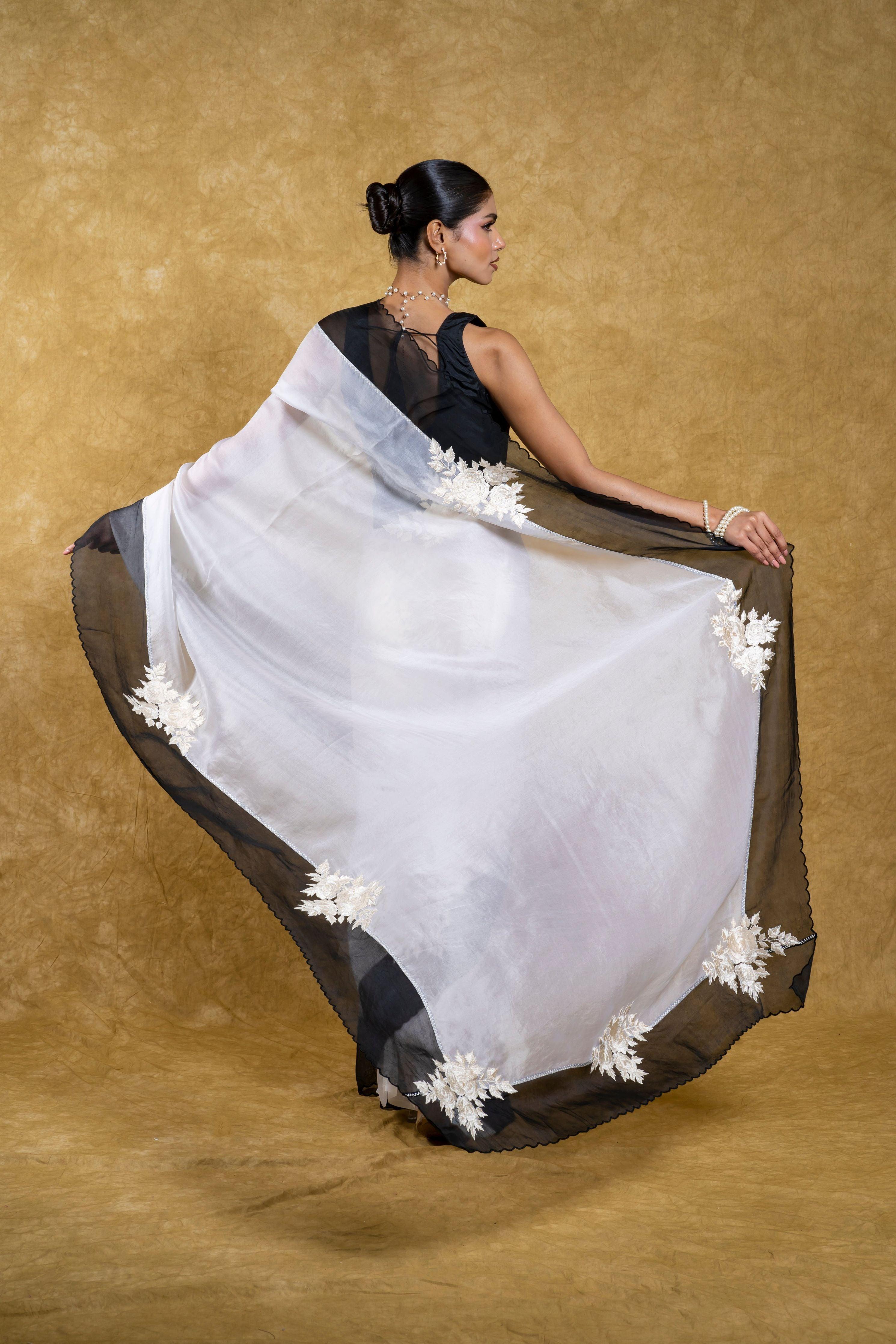 White Organza Saree with Black Floral Applique - Mokshaa