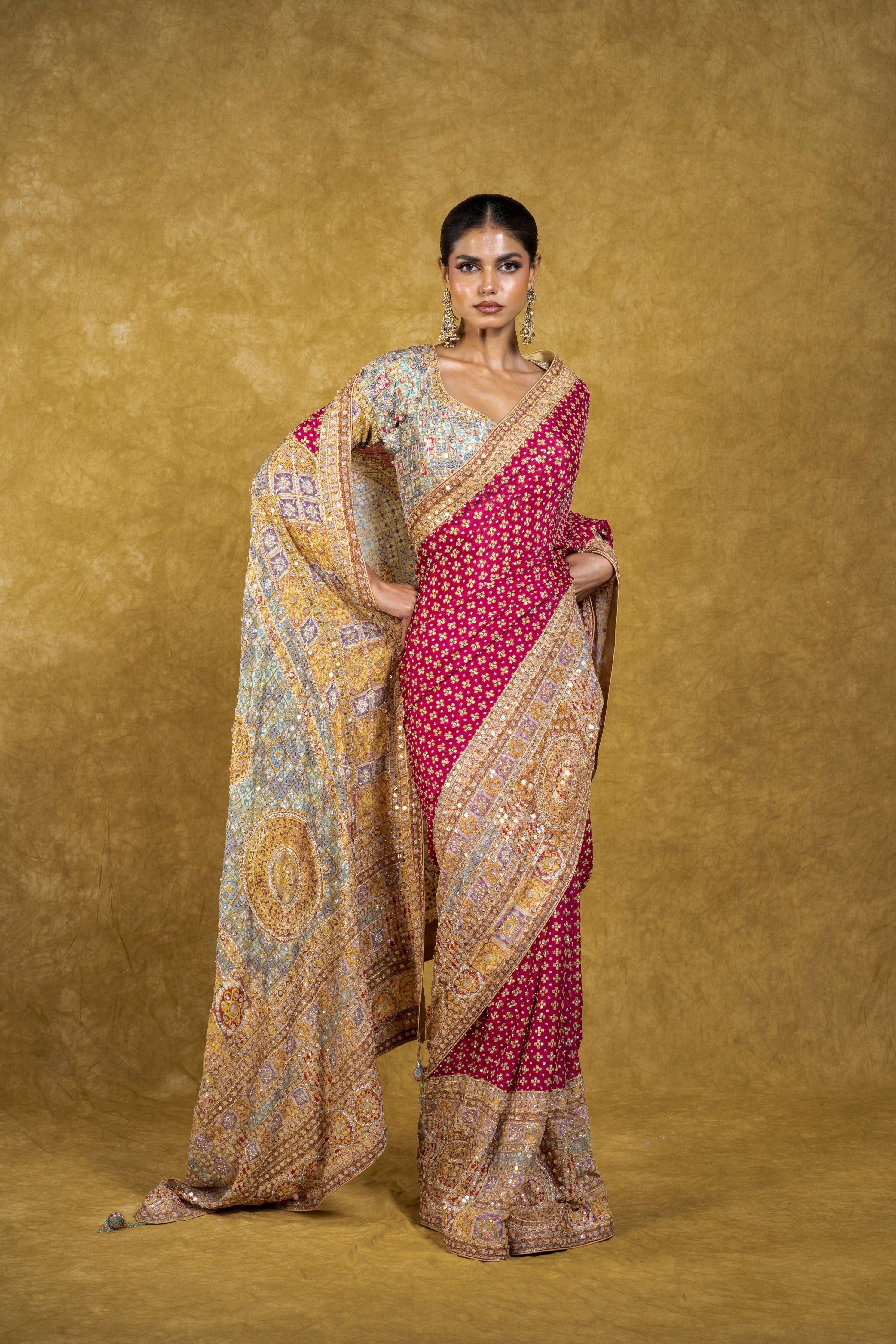 Rani Pink and Pastel Multicolor Border Saree - Mokshaa