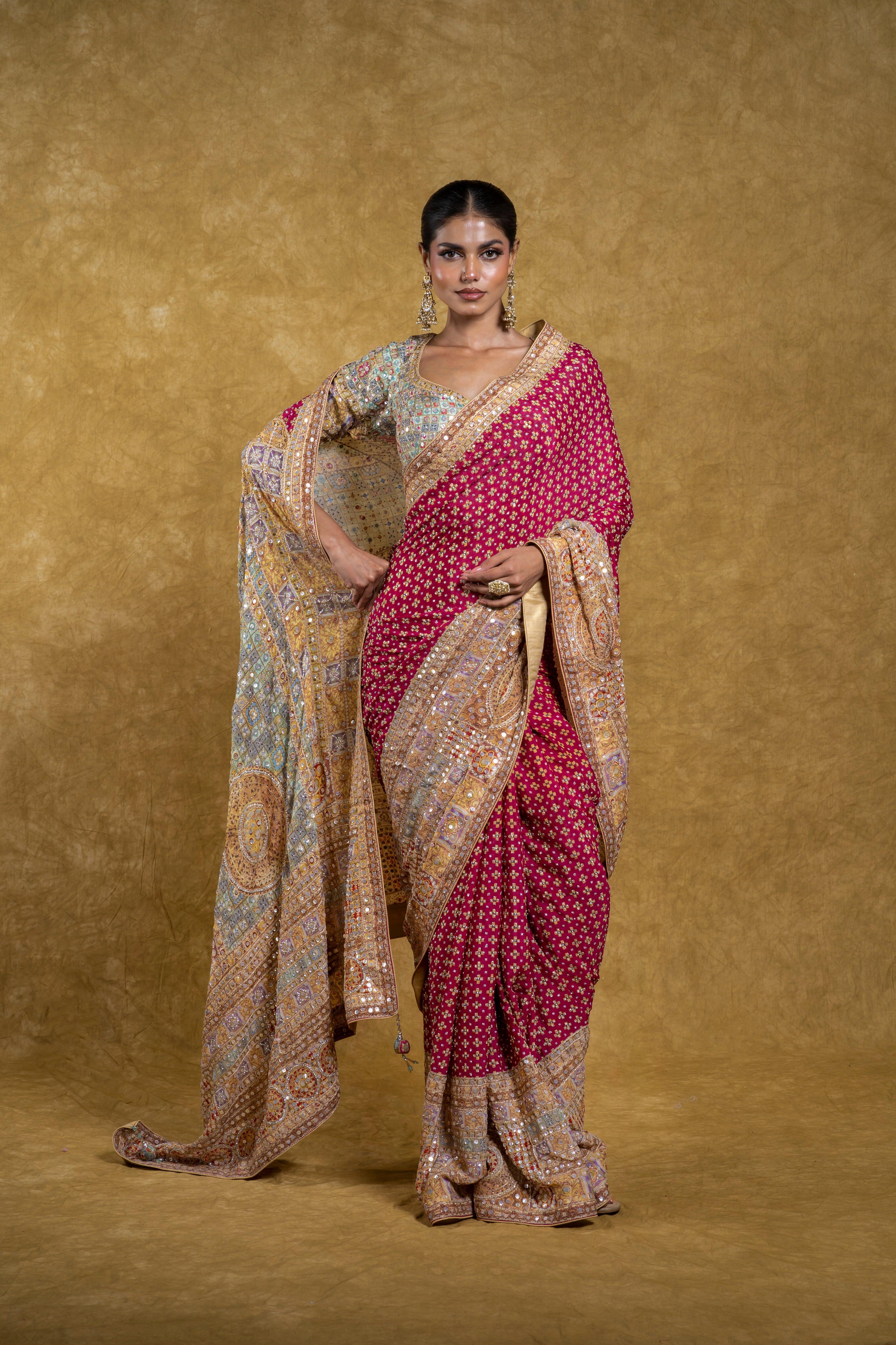 Rani Pink and Pastel Multicolor Border Saree - Mokshaa