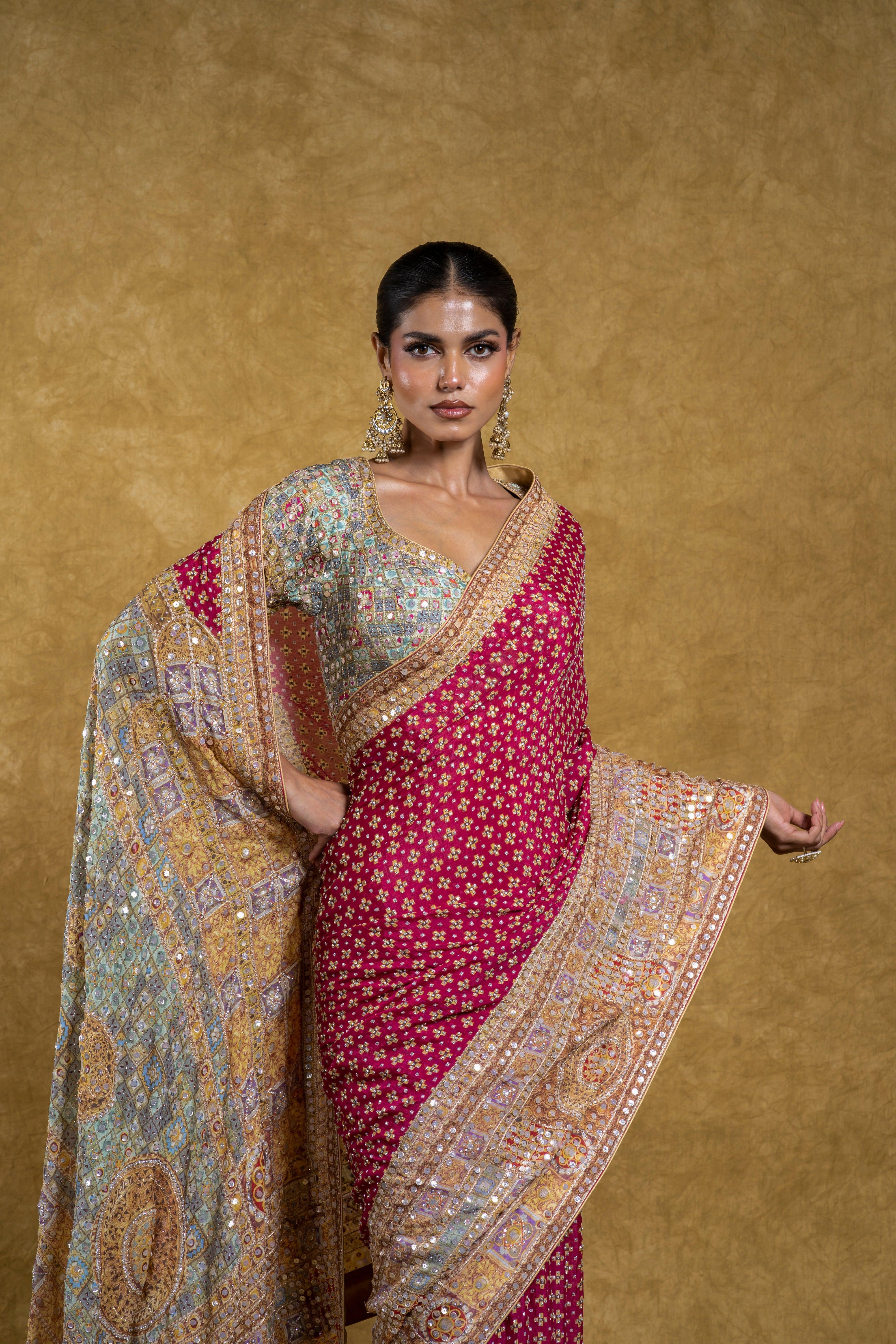 Rani Pink and Pastel Multicolor Border Saree - Mokshaa