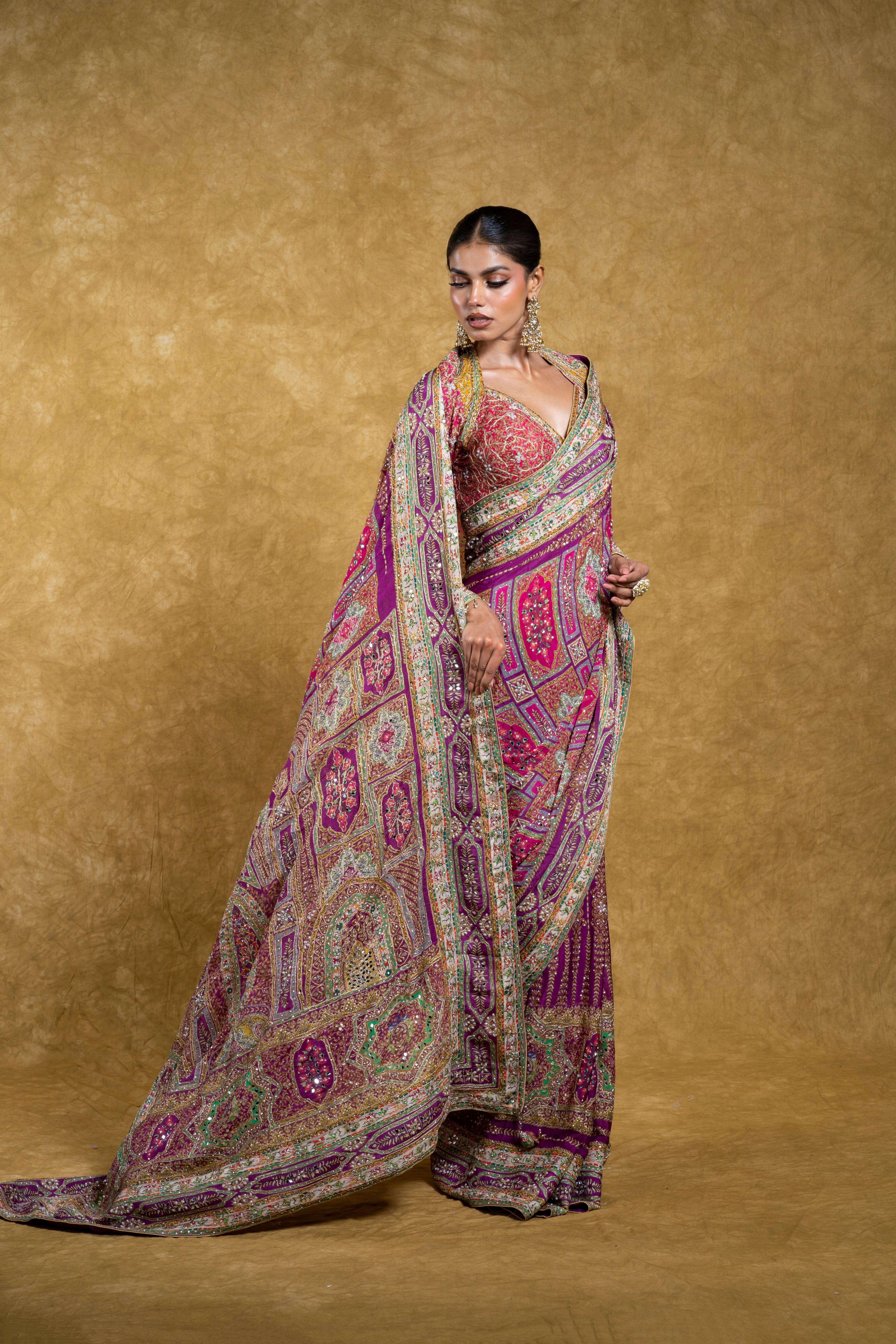 Magenta and Multicolor Saree with Mirror and Sequin - Mokshaa